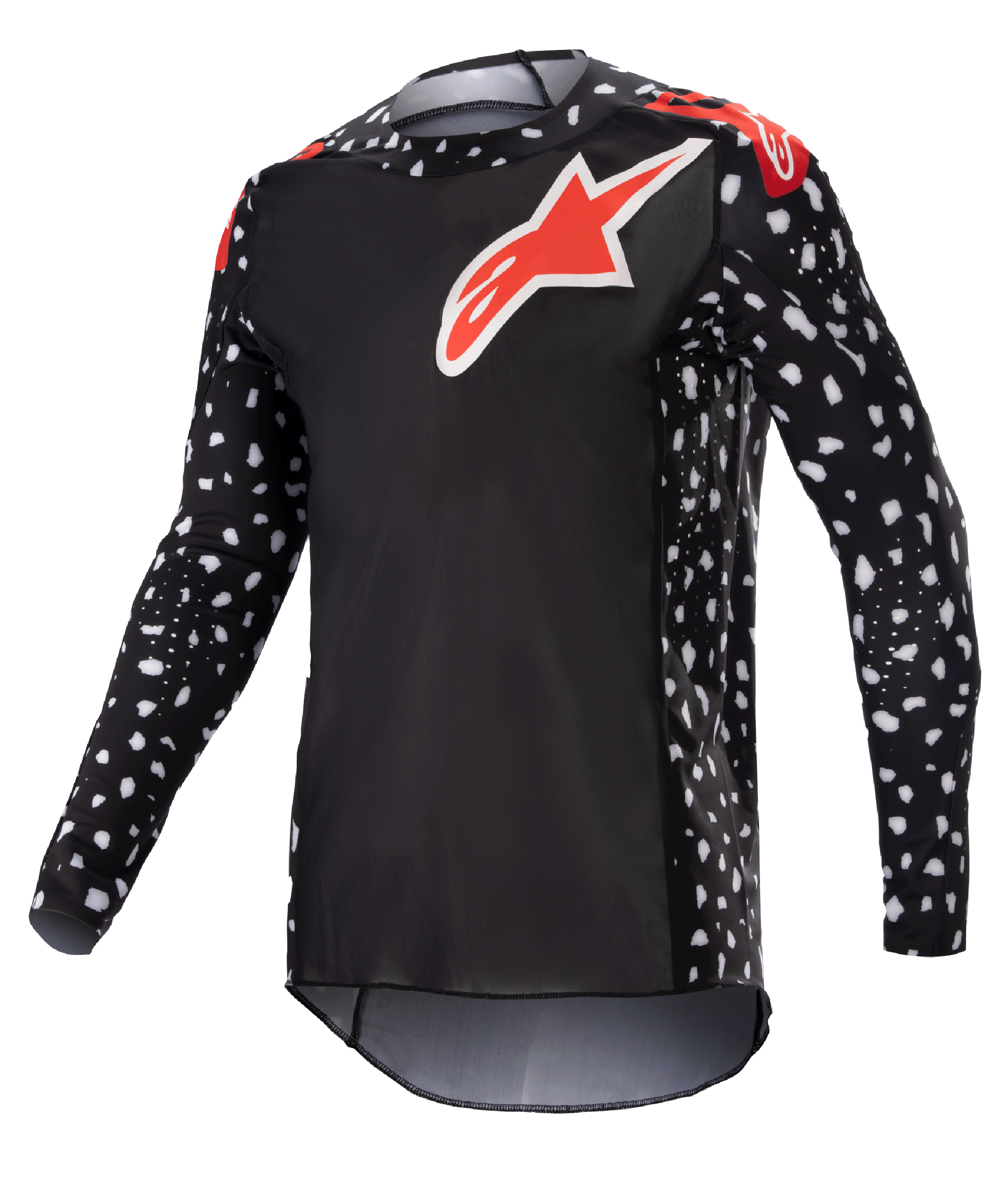 Alpinestars 2023 Supertech North Jersey, maglia da motocross, nero e rosso neon, maniche lunghe con motivo a puntini bianchi, loghi a stella rossi e bianchi su petto e spalle, rete tecnica leggera con vestibilità atletica da gara