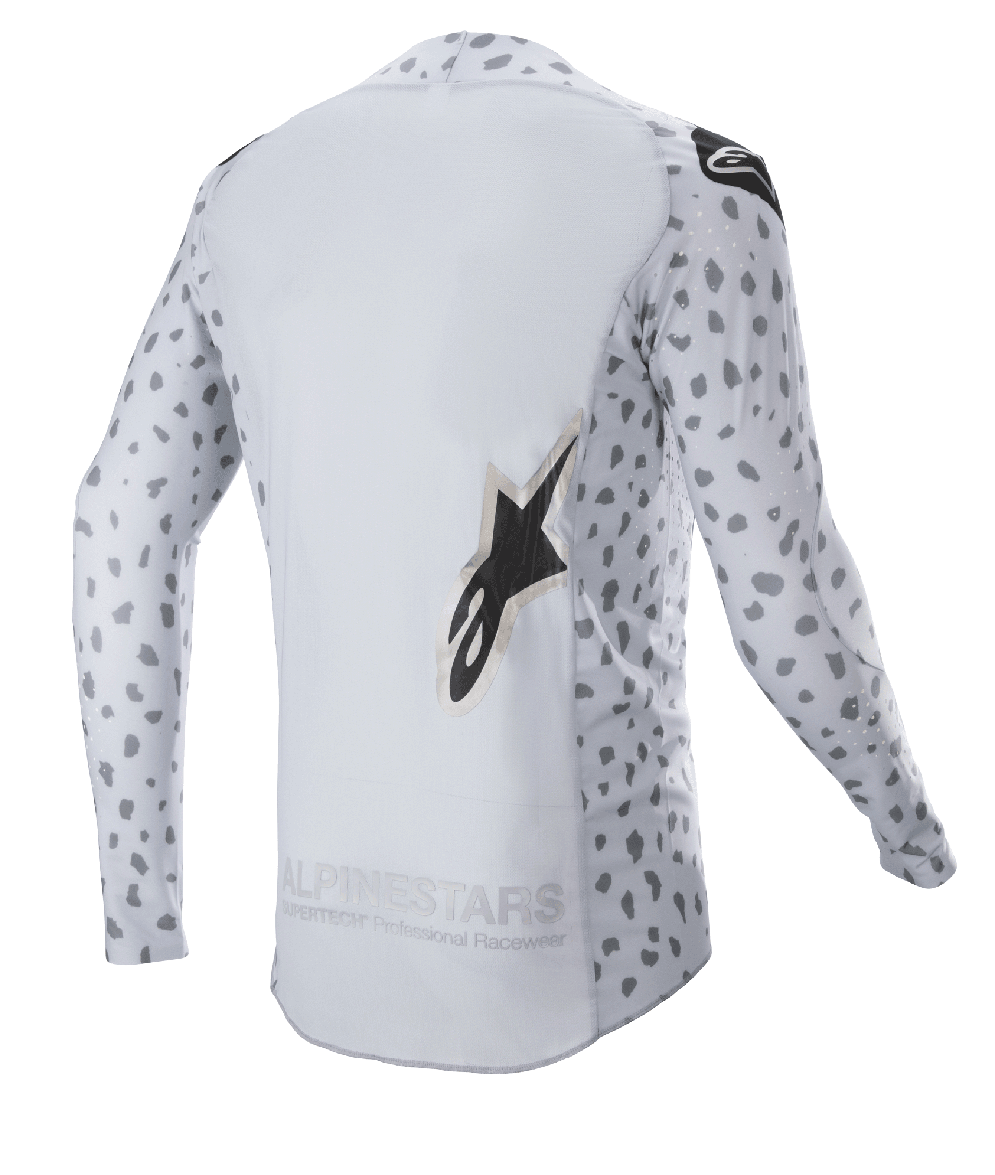 Alpinestars 2023 Supertech North Jersey, maglia da motocross, grigio Haze e nero, vista posteriore con motivo astratto a macchie su maniche e lati, grande logo a stella, pannello posteriore allungato e struttura traspirante ad alte prestazioni