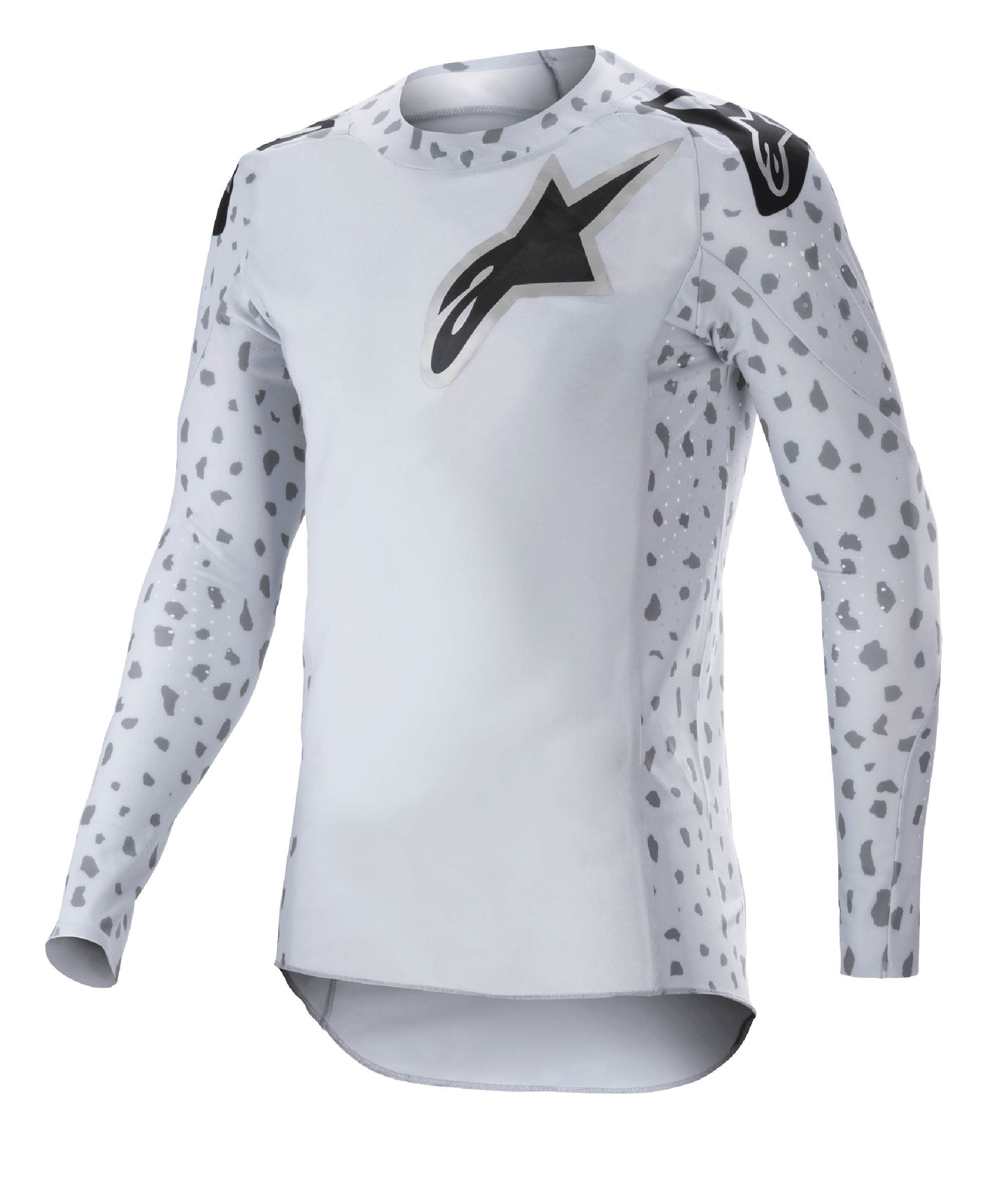 Alpinestars 2023 Supertech North Jersey, maglia da motocross, grigio haze e nero, maglia bianca a maniche lunghe con motivo maculato grigio su maniche e fianchi, logo stella nero su petto e spalle, tessuto in rete elastica con bordo curvo
