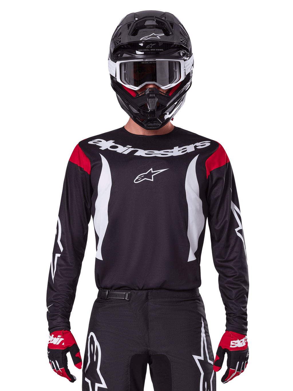 Alpinestars maglia e completo Fluid Haul 2025 da uomo, abbigliamento da motocross nero e bianco con dettagli rossi