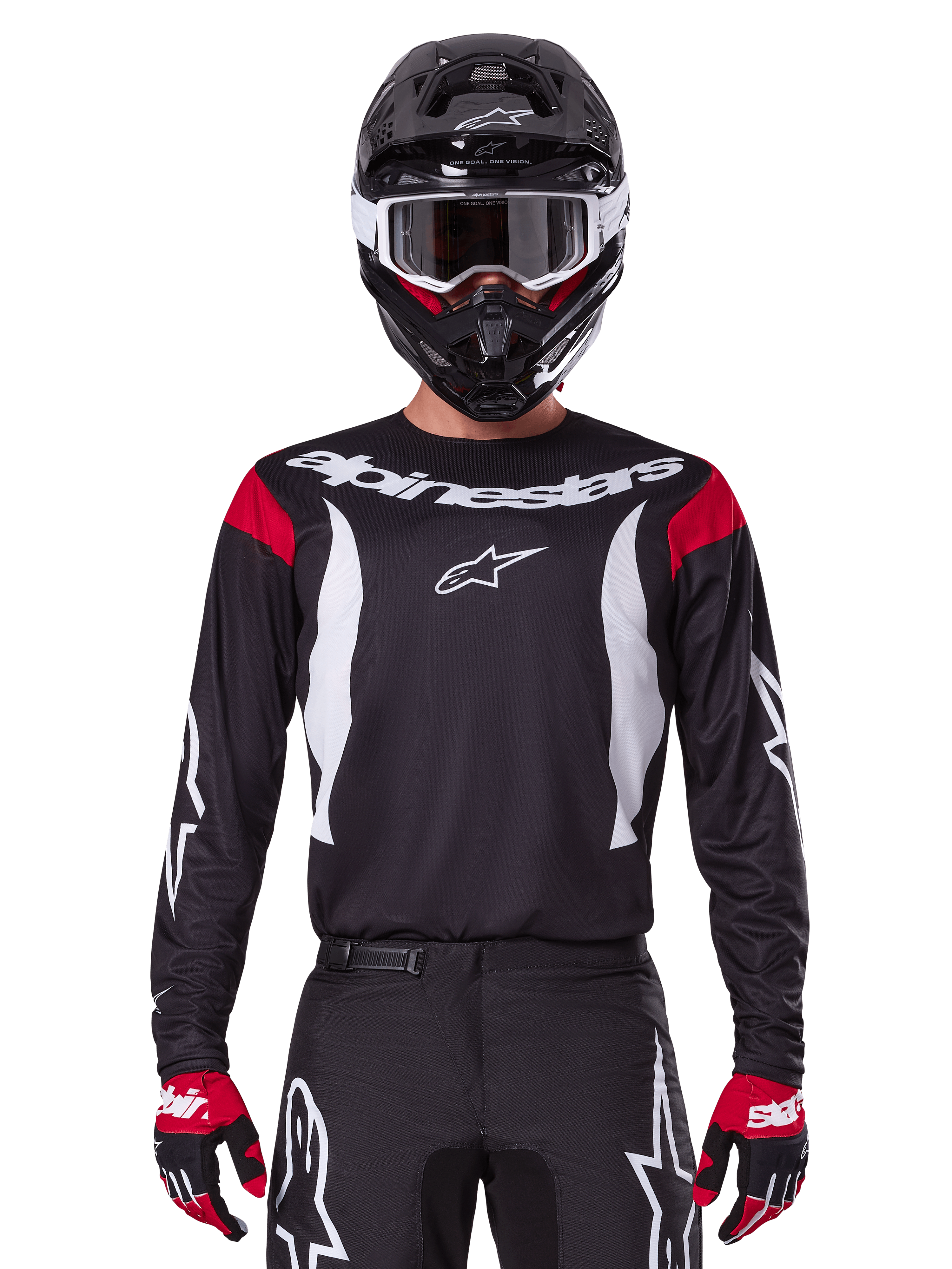 Alpinestars maglia e completo Fluid Haul 2025 da uomo, abbigliamento da motocross nero e bianco con dettagli rossi