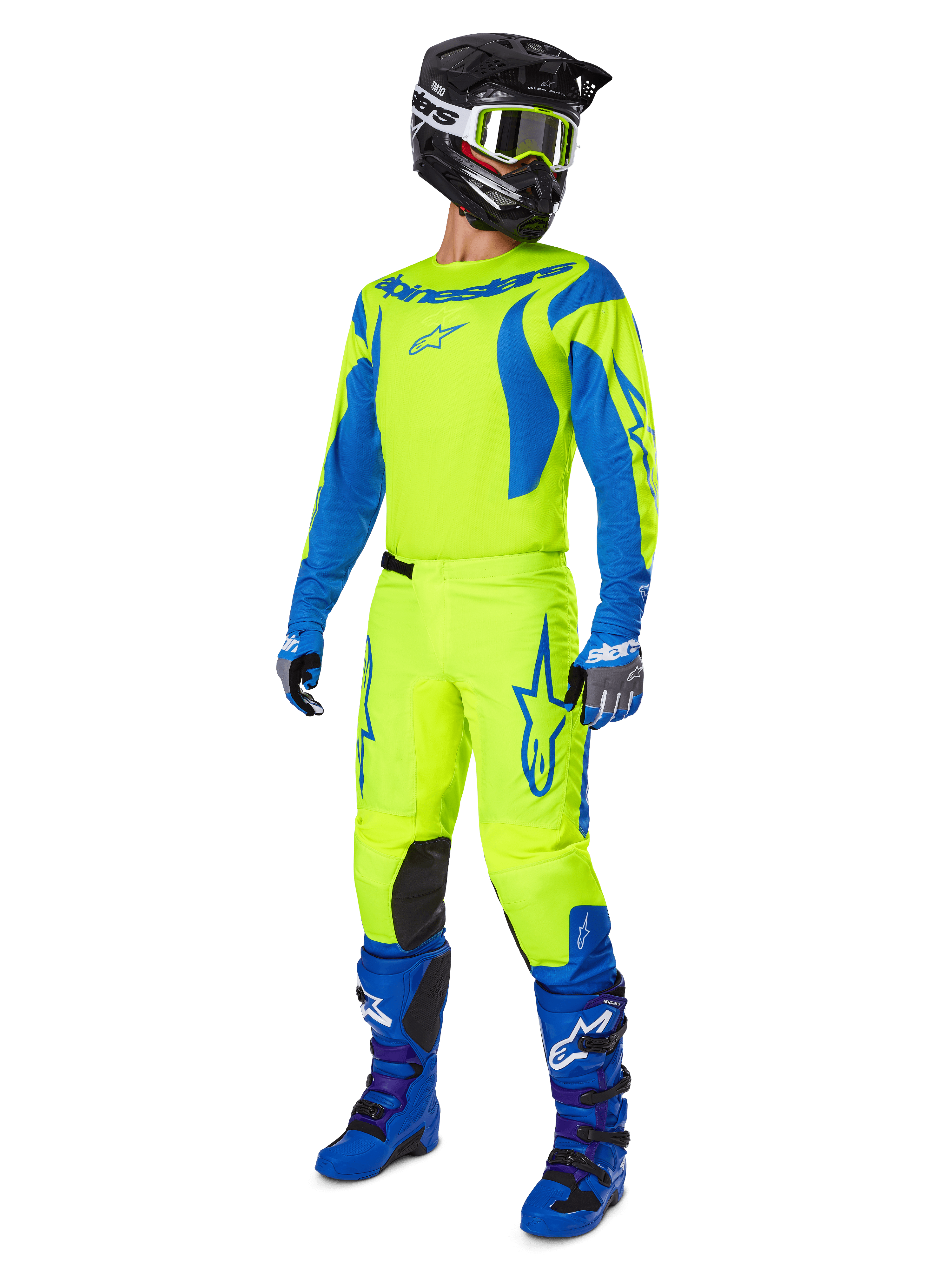 Alpinestars 2025 Fluid Haul Gear Set, abbigliamento completo da motocross con maglia e pantaloni giallo fluo e blu, casco nero, guanti blu e stivali da fuoristrada blu, outfit coordinato ad alta visibilità per motocross ed enduro.