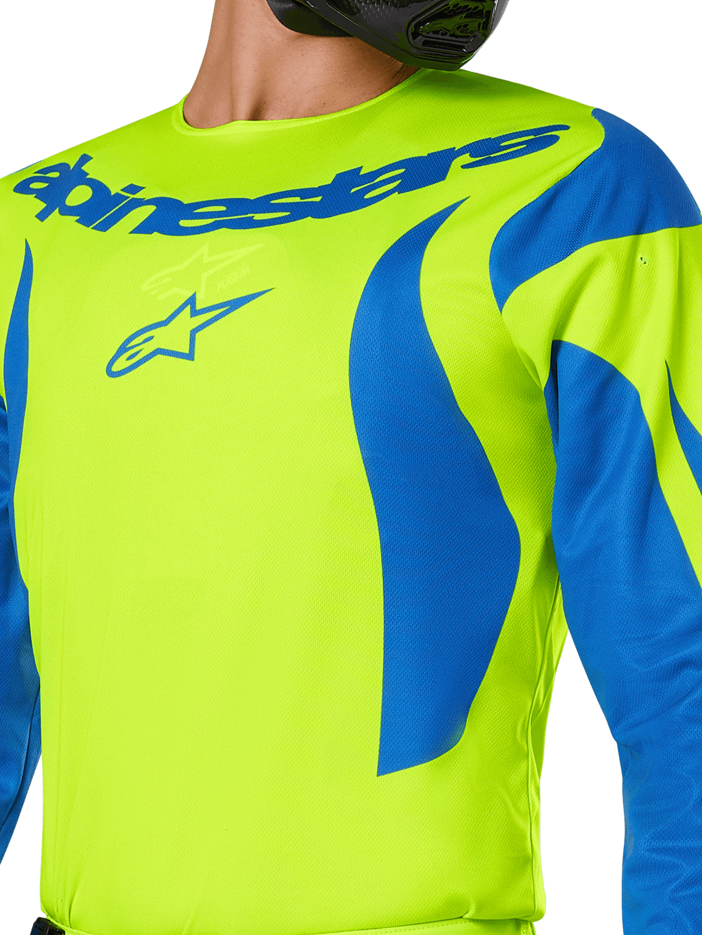 Alpinestars 2025 Fluid Haul Jersey, maglia da motocross, giallo fluo e blu, con vistoso marchio Alpinestars blu sul petto e motivi blu ondulati sulle spalle, vestibilità atletica per gare fuoristrada