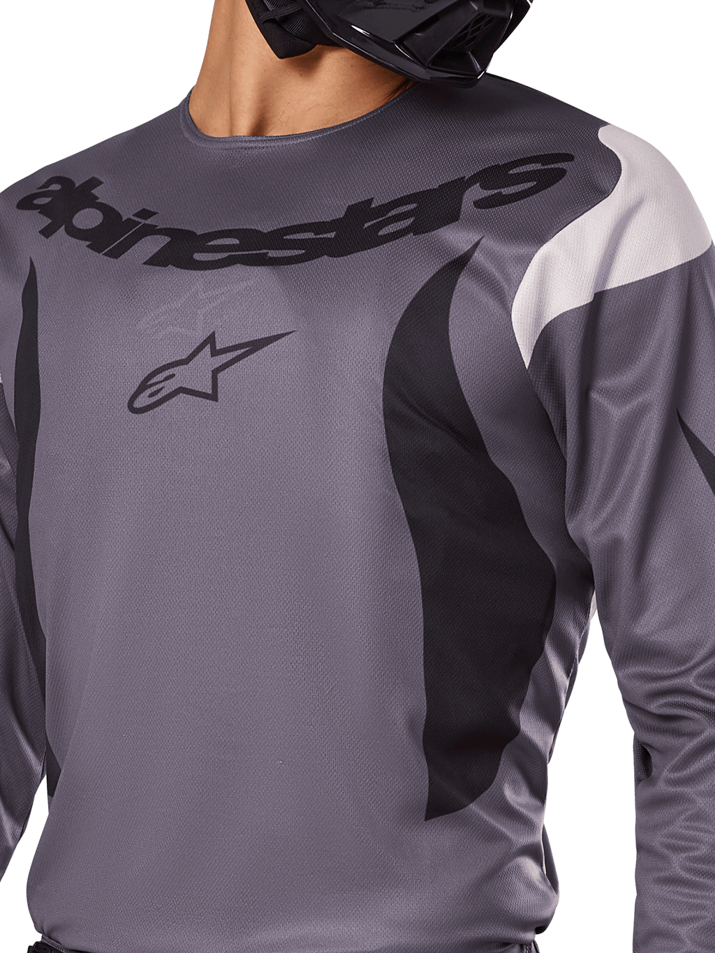 Alpinestars 2025 Fluid Haul Jersey, maglia da motocross, grigio con accenti neri e bianchi, con logo e scritta Alpinestars sul petto, vestibilità sportiva per gare off-road.