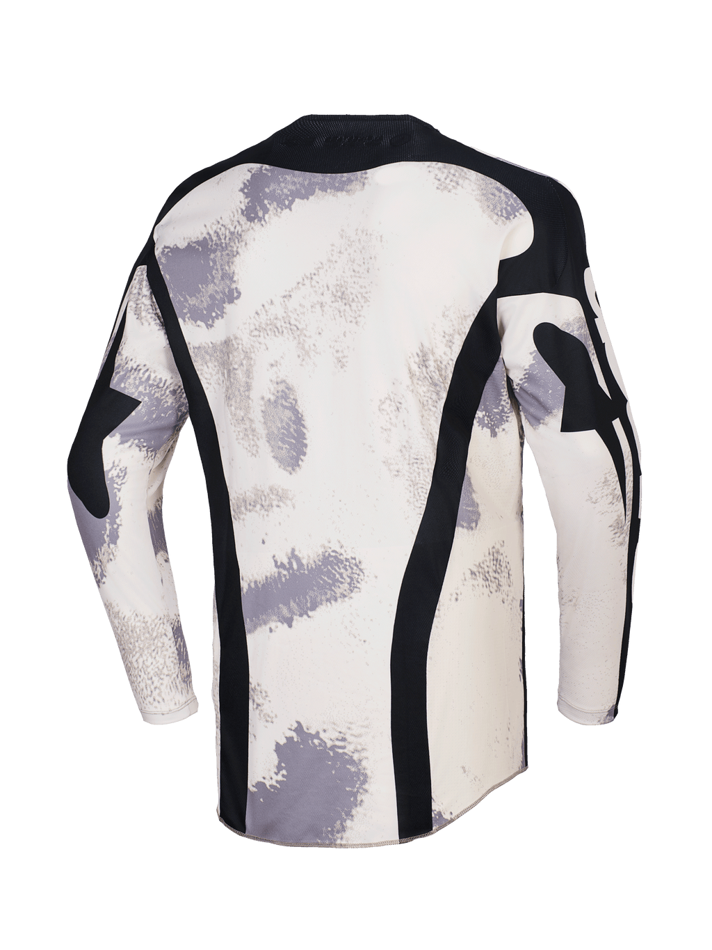 Alpinestars 2026 Racer Lahnd Jersey, maglia da motocross, Sand Camo con motivi a pennellata bianco sporco e grigio, vista posteriore con pannelli verticali in mesh nero, colletto nero e profilo posteriore allungato per una maggiore copertura