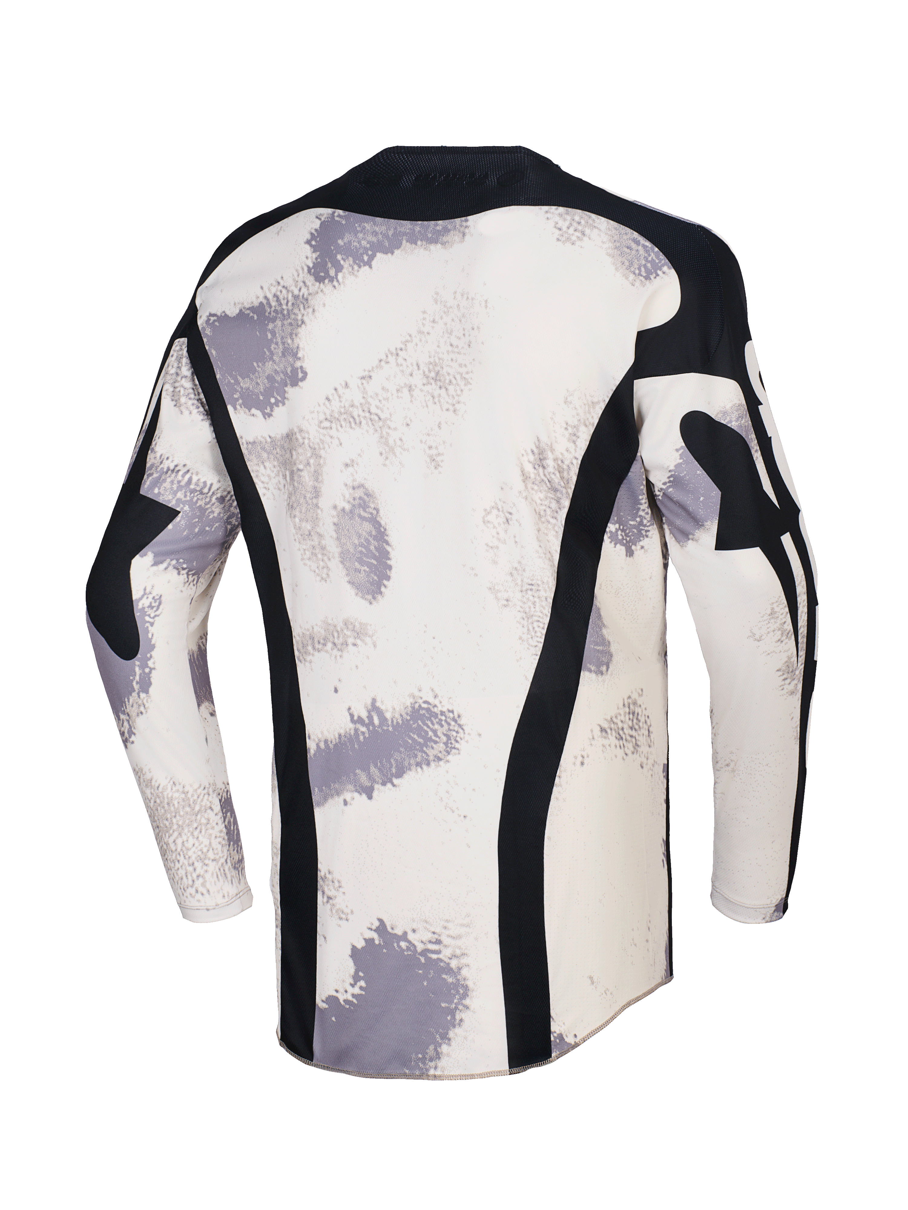 Alpinestars 2026 Racer Lahnd Jersey, maglia da motocross, Sand Camo con motivi a pennellata bianco sporco e grigio, vista posteriore con pannelli verticali in mesh nero, colletto nero e profilo posteriore allungato per una maggiore copertura