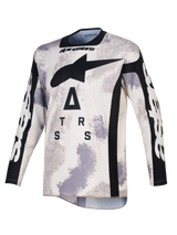 Maglia Alpinestars Racer Lahnd 2026, maglia da motocross, Sand Camo grigio e bianco, caratterizzata da un grande logo A-star nero e scritte stilizzate sul petto, girocollo e pannelli laterali neri, maniche lunghe con branding bianco, abbigliamento professionale da fuoristrada.