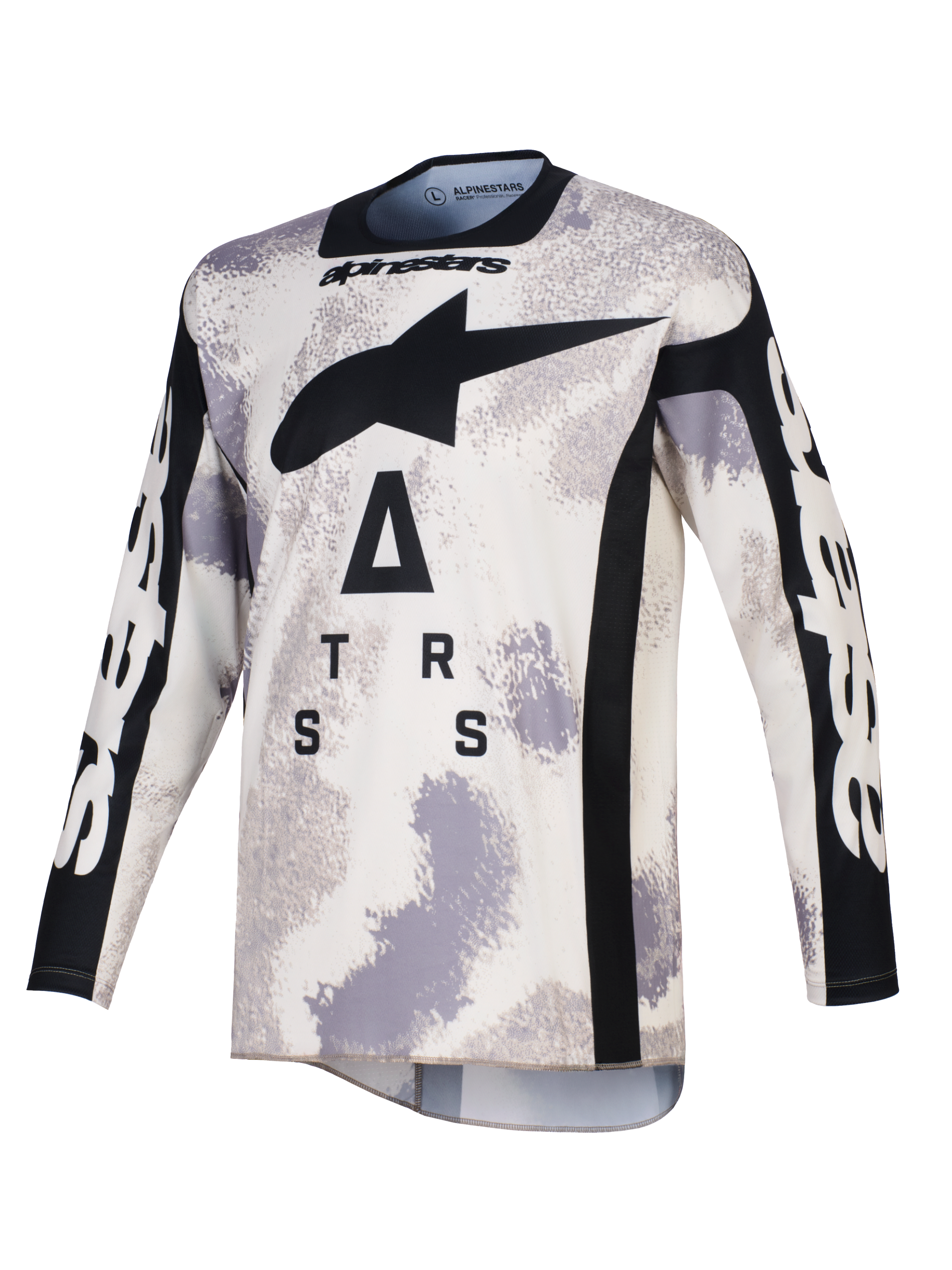 Maglia Alpinestars Racer Lahnd 2026, maglia da motocross, Sand Camo grigio e bianco, caratterizzata da un grande logo A-star nero e scritte stilizzate sul petto, girocollo e pannelli laterali neri, maniche lunghe con branding bianco, abbigliamento professionale da fuoristrada.