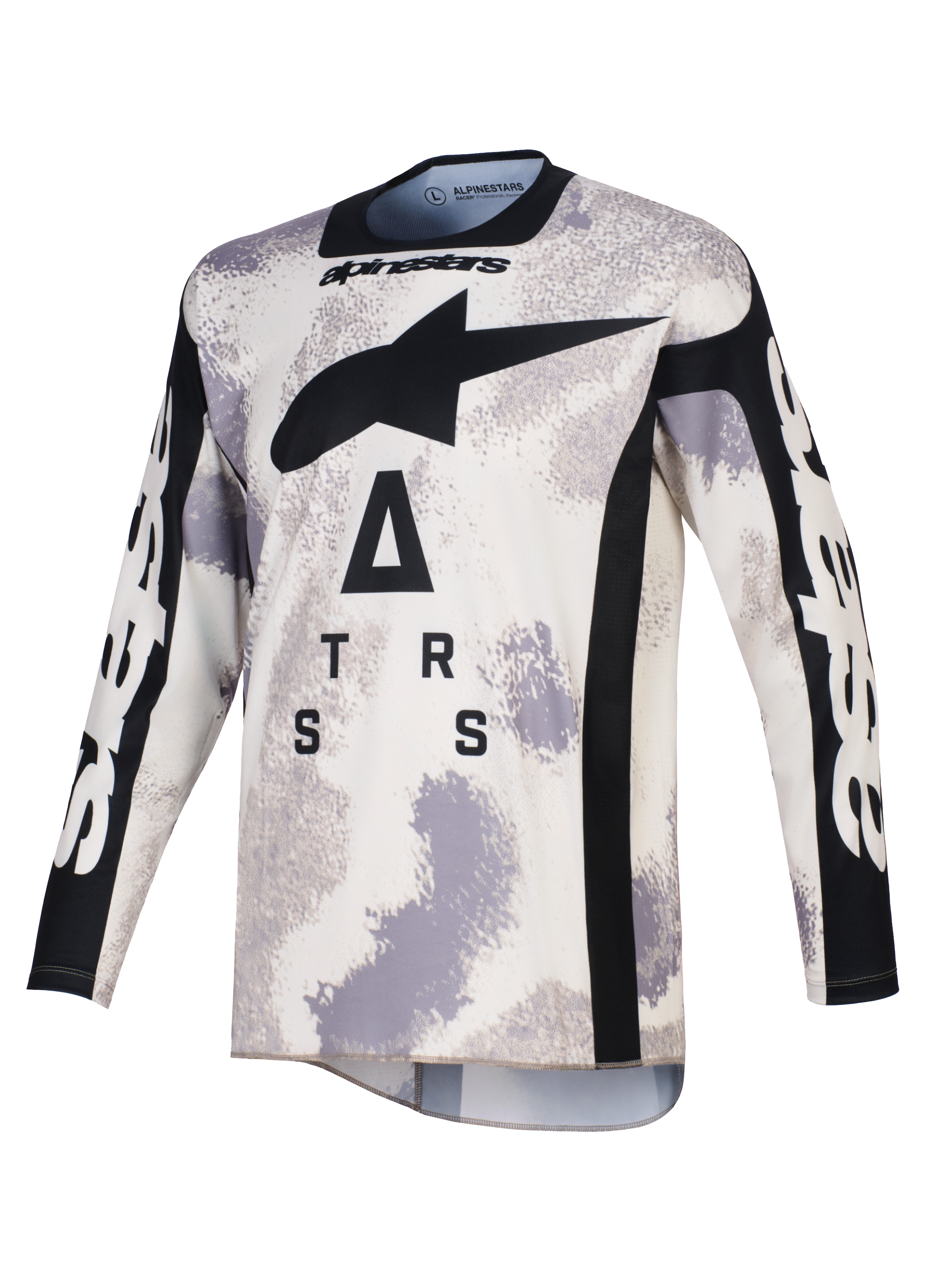 Maglia Alpinestars Racer Lahnd 2026, maglia da motocross, Sand Camo grigio e bianco, caratterizzata da un grande logo A-star nero e scritte stilizzate sul petto, girocollo e pannelli laterali neri, maniche lunghe con branding bianco, abbigliamento professionale da fuoristrada.