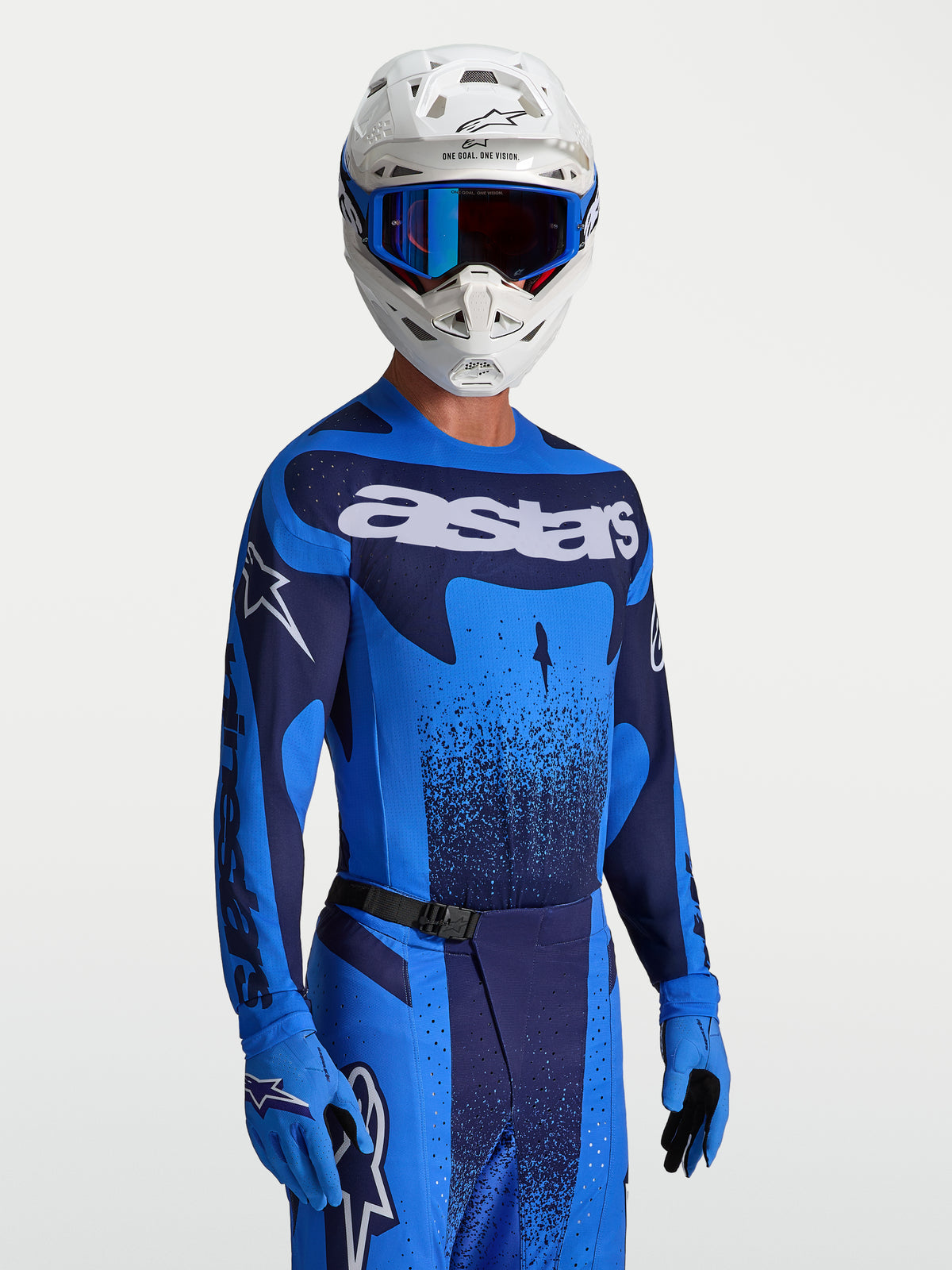Alpinestars maglia Techstar Swan, maglia motocross da uomo, blu e blu scuro, vestibilità racing atletica e ventilazione laser.