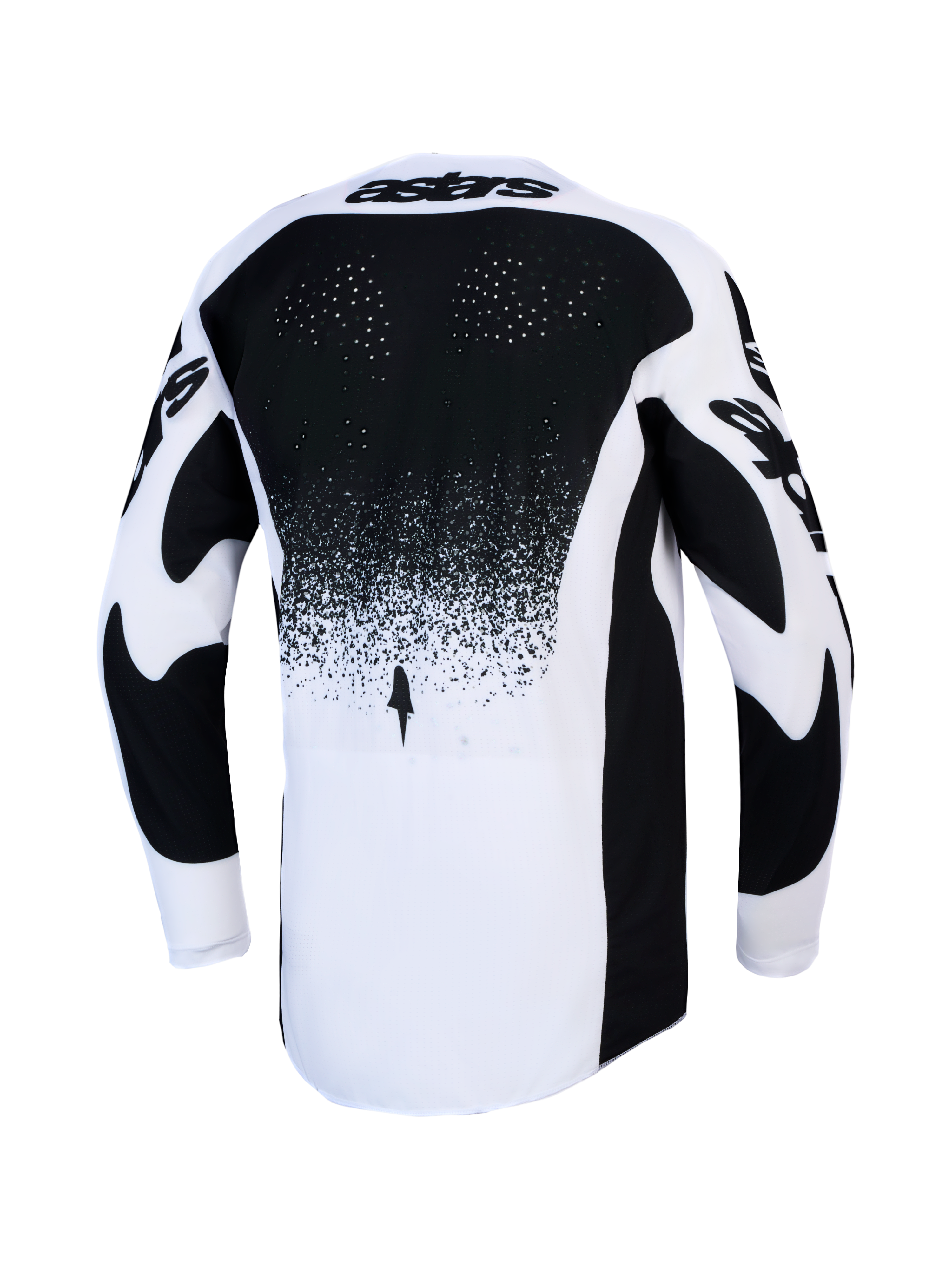 Alpinestars maglia Techstar Swan, maglia da motocross uomo, bianca e nera, ventilazione e orlo allungato sul retro.