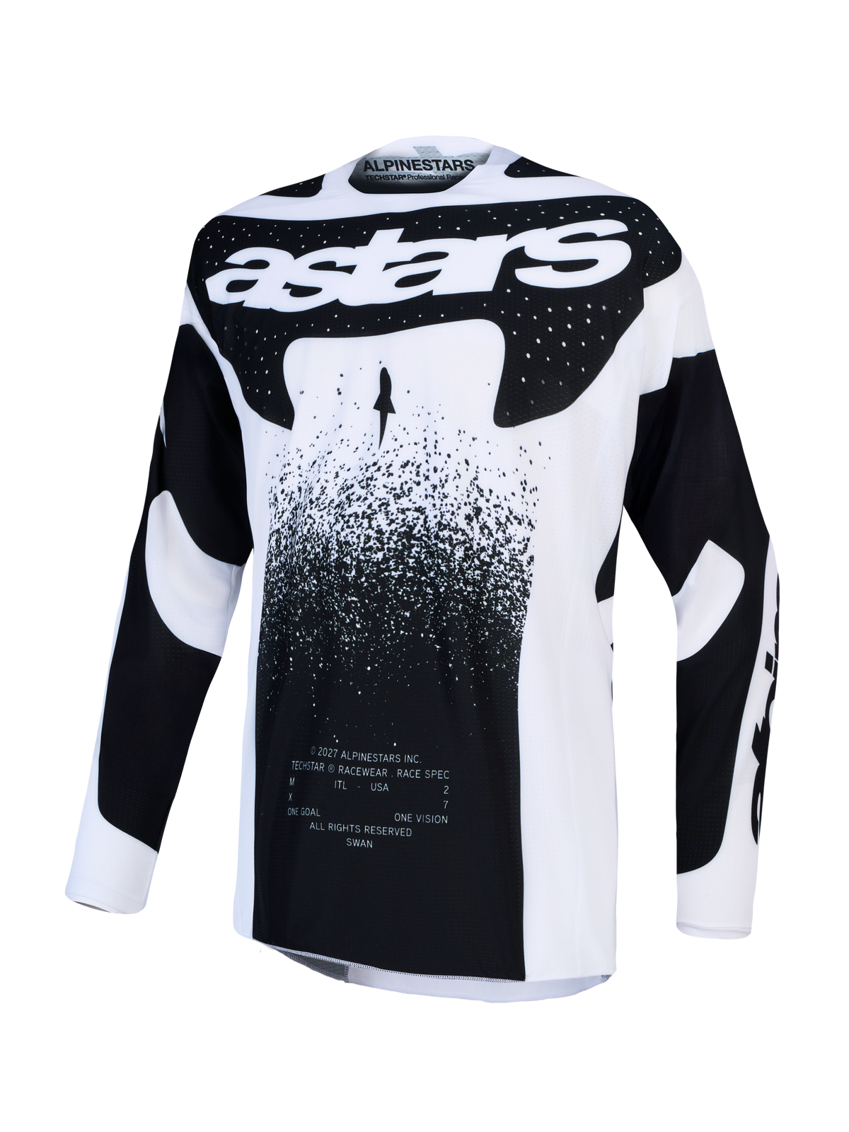 Alpinestars Techstar Swan Jersey, Men's Motocross Racing Jersey, White and Black, featuring lightweight stretch fabric.