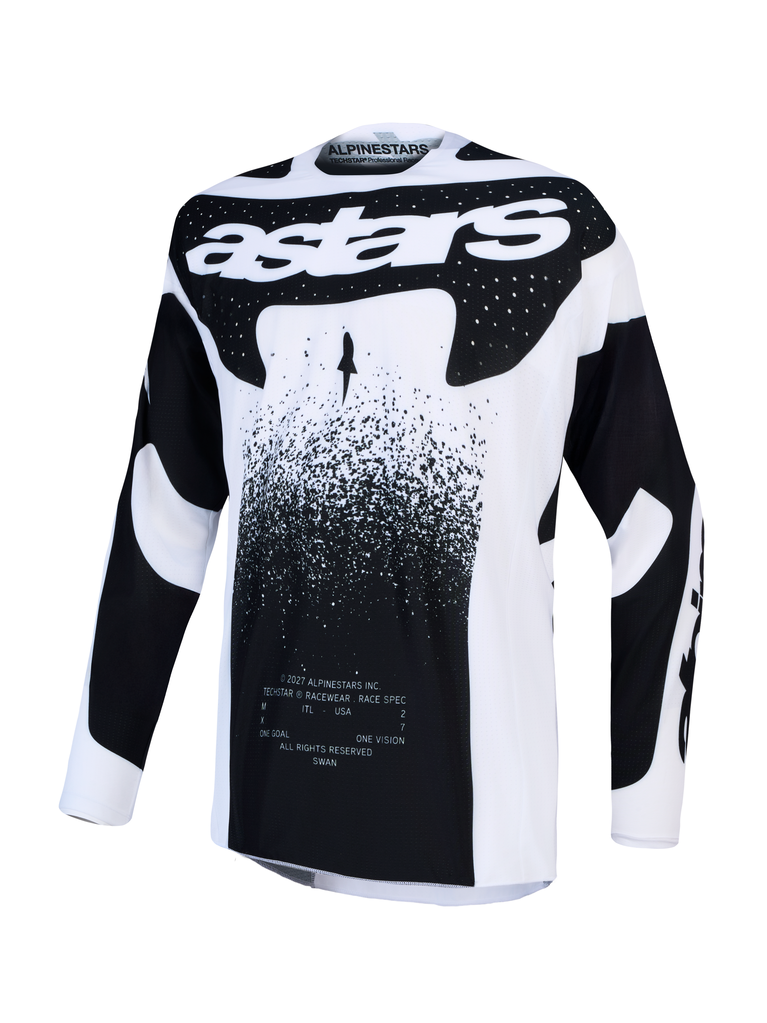 Alpinestars Maglia Techstar Swan, maglia da motocross da uomo, bianca e nera, in tessuto elasticizzato leggero.