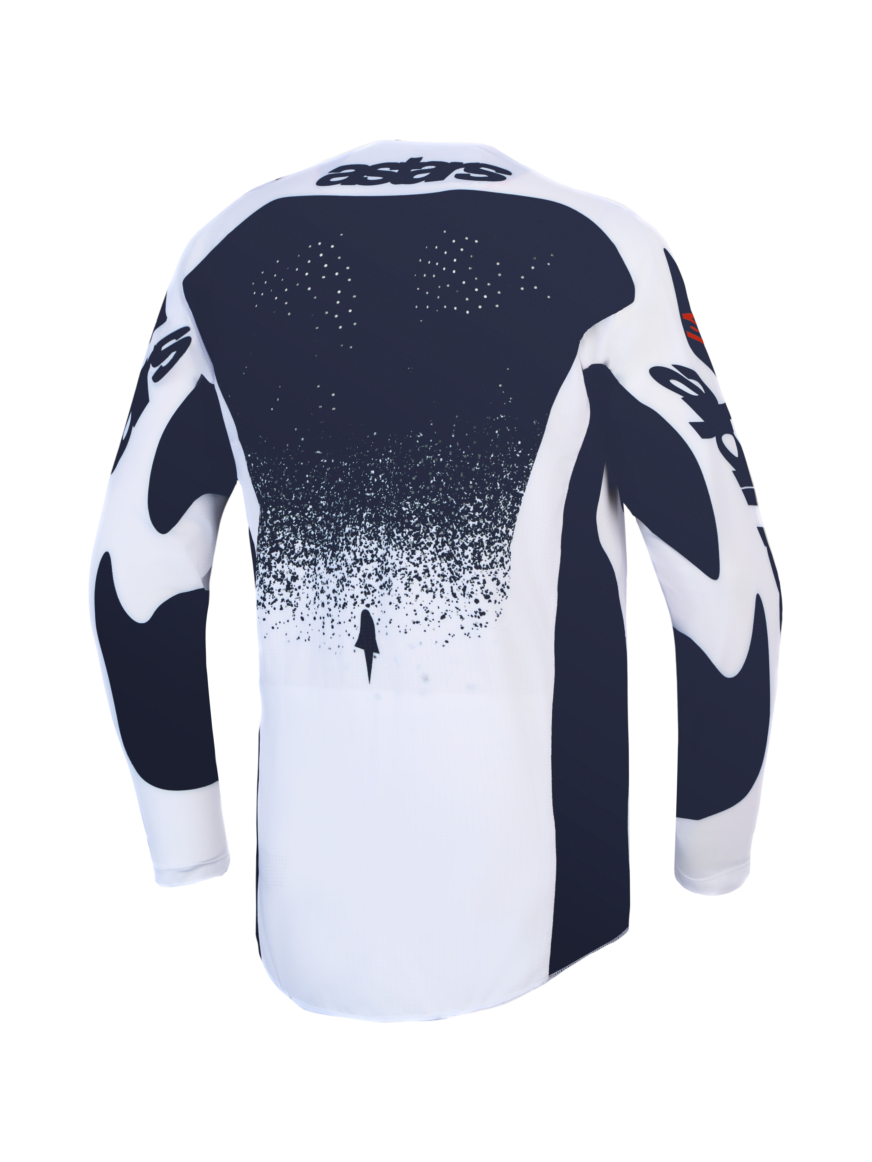 Alpinestars Maglia Techstar Swan, maglia da motocross bianca e grigio scuro con perforazioni laser, vista posteriore.