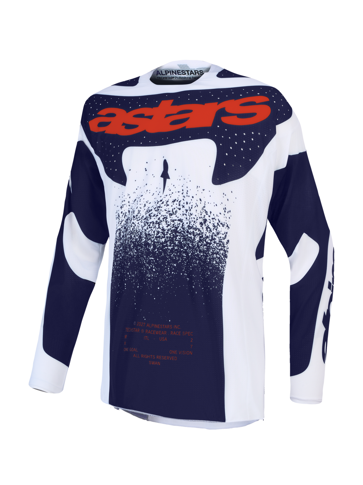 Alpinestars Techstar Swan Jersey, athletic race-fit motocross top in light lilac, dark gray, and red fluo textile.