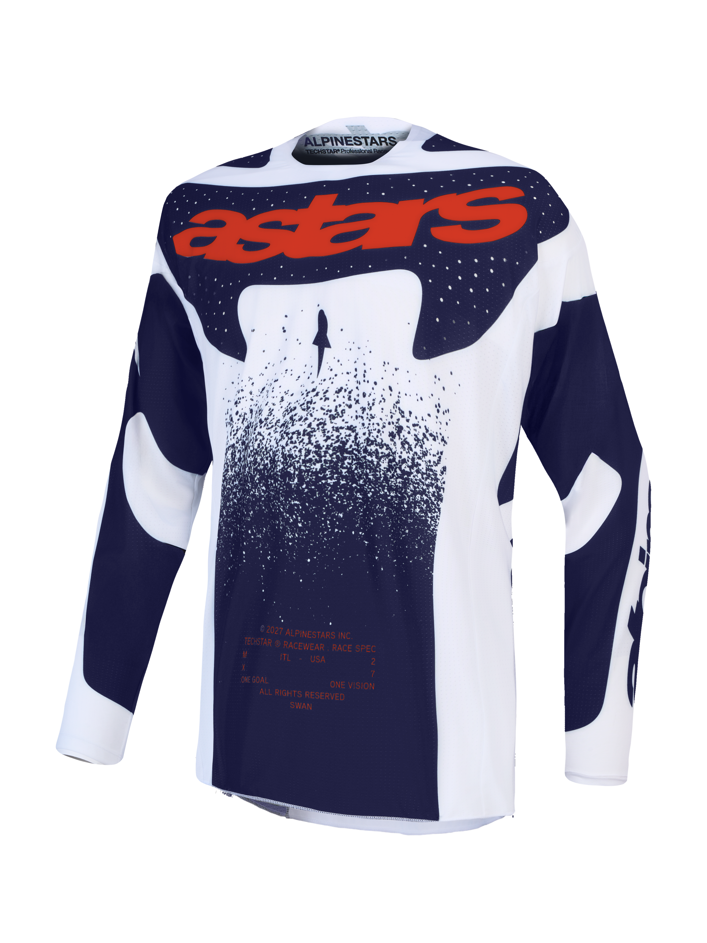 Alpinestars maglia Techstar Swan, maglia da motocross per uomo, lilla, grigia e rossa fluo, vestibilità racing traspirante.