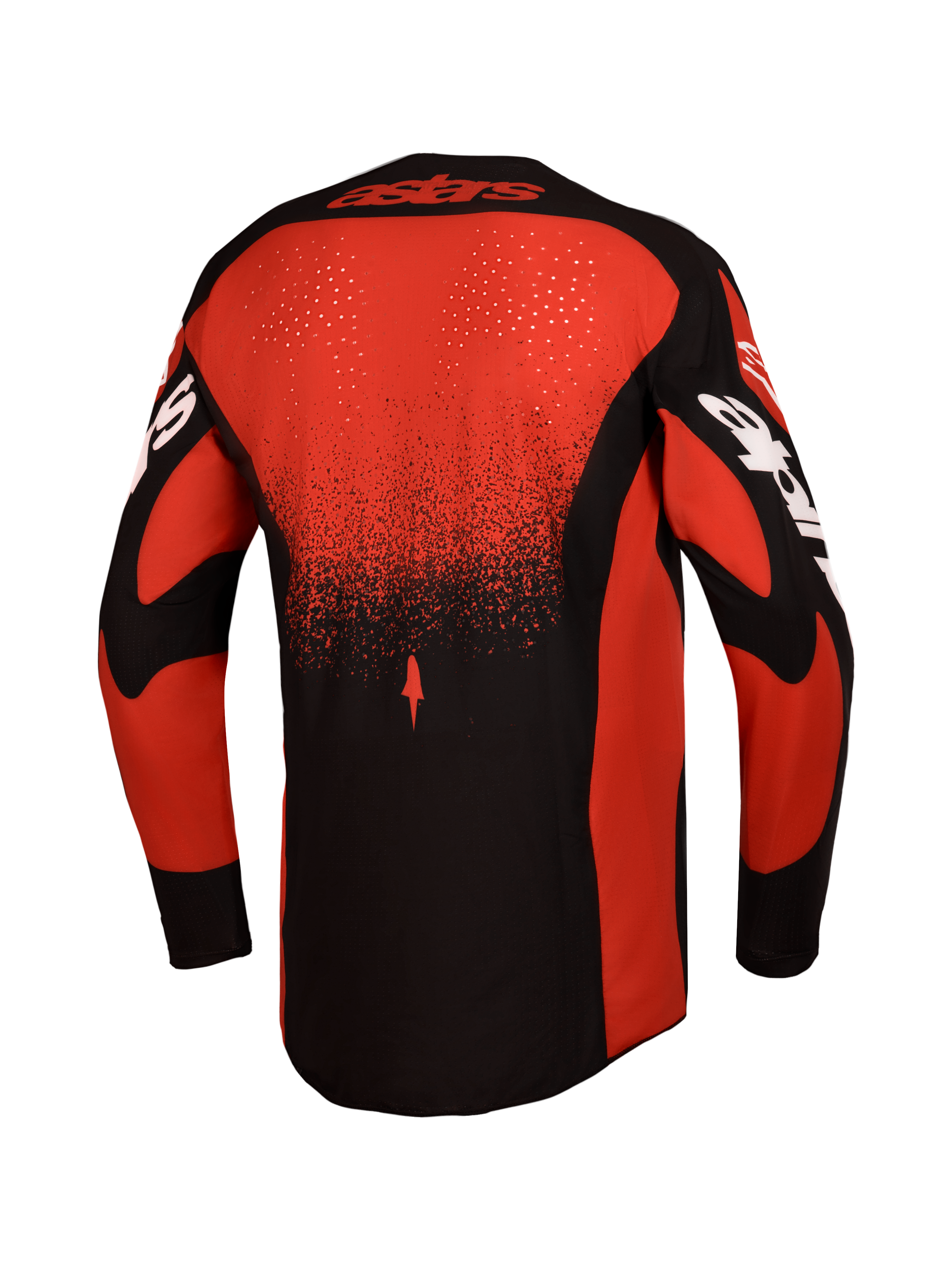 Alpinestars Maglia Techstar Swan e Techstar Swan Gear Set, maglia motocross uomo, rosso e nero, vista posteriore con ventilazione laser.