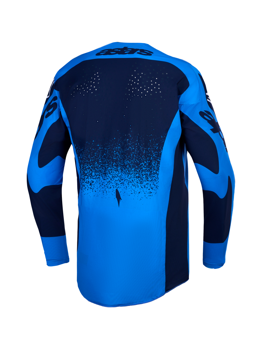 Alpinestars maglia Techstar Swan, maglia da motocross da uomo, blu e blu scuro, vista posteriore, perforazioni laser e bordo posteriore allungato, traspirante, fuoristrada