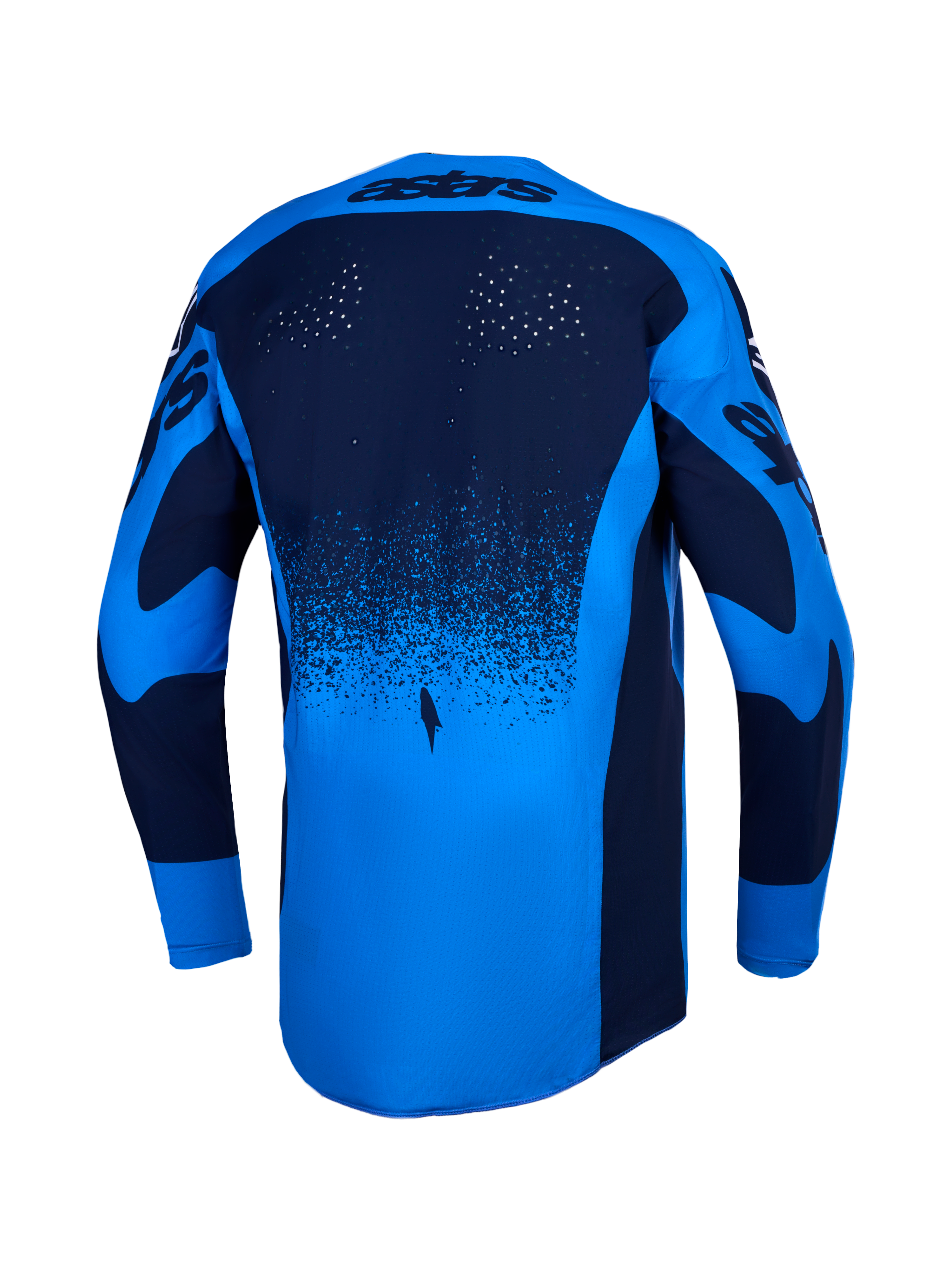 Alpinestars maglia Techstar Swan, maglia da motocross da uomo, blu e blu scuro, vista posteriore, perforazioni laser e bordo posteriore allungato, traspirante, fuoristrada