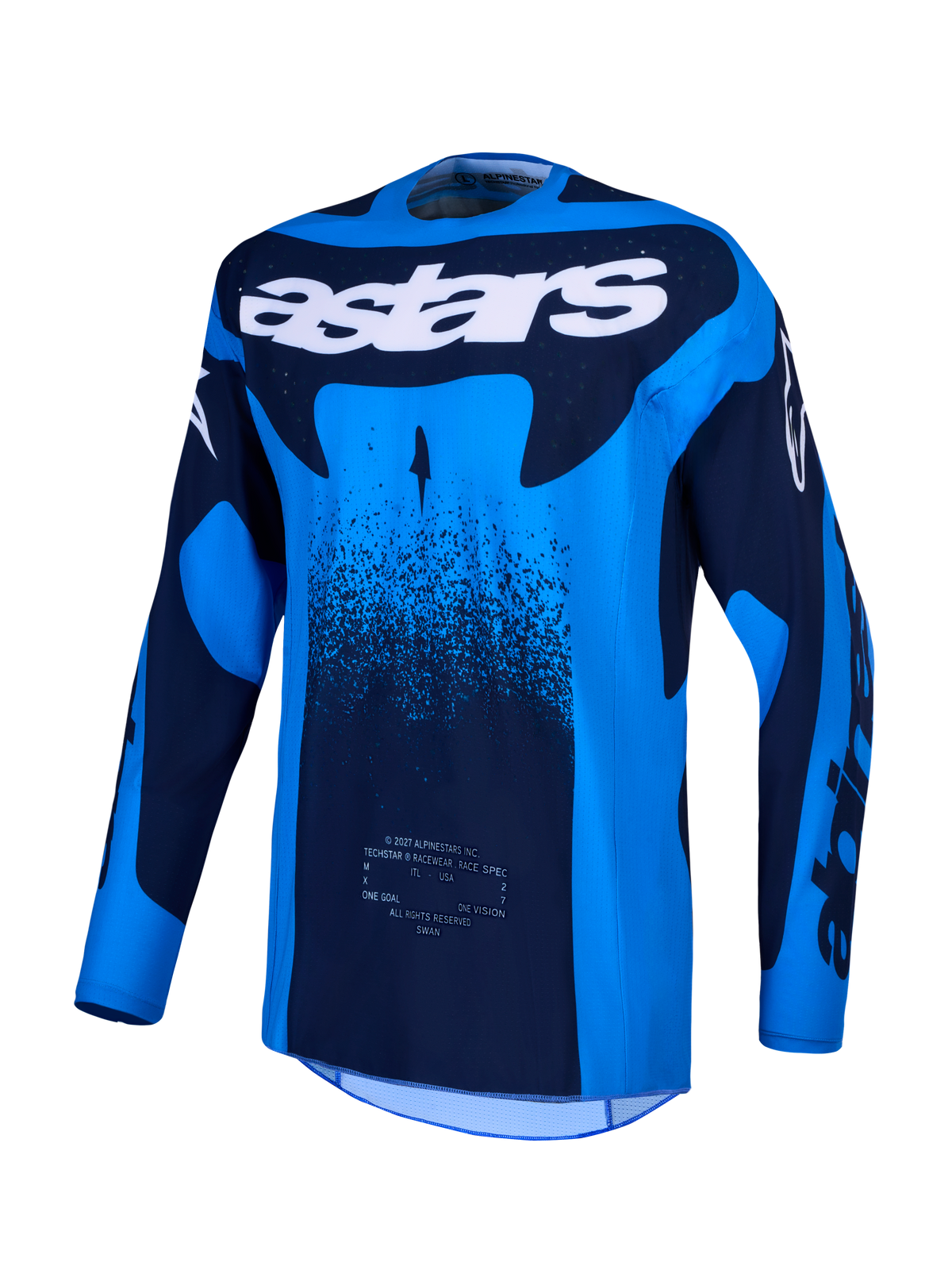 Alpinestars Techstar Swan Jersey, blue and deep blue motocross top with moisture-wicking fabric and laser-cut ventilation.
