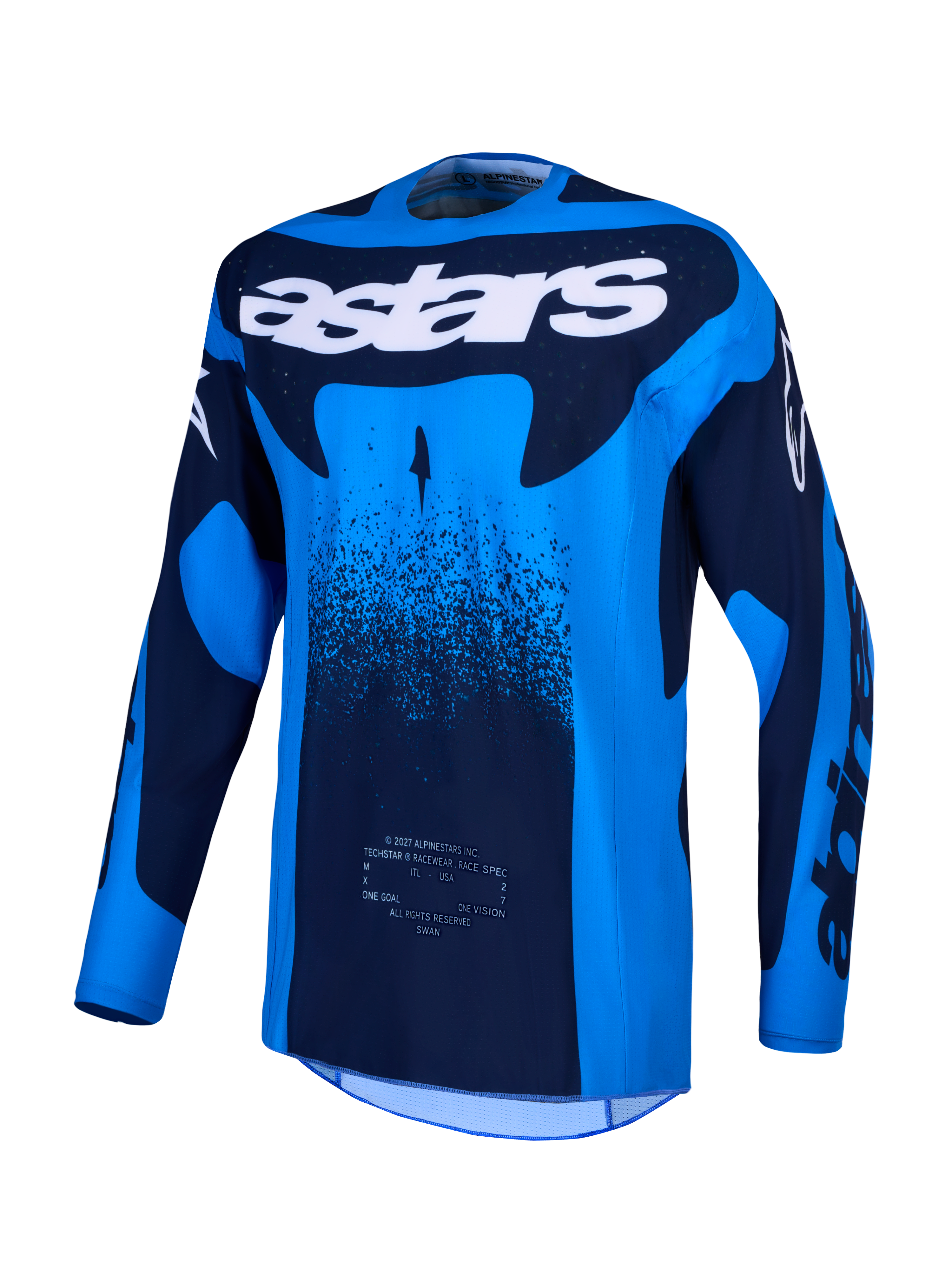 Alpinestars Maglia Techstar Swan, maglia da motocross da uomo, blu e blu scuro, con ventilazione laser e tessuto traspirante.