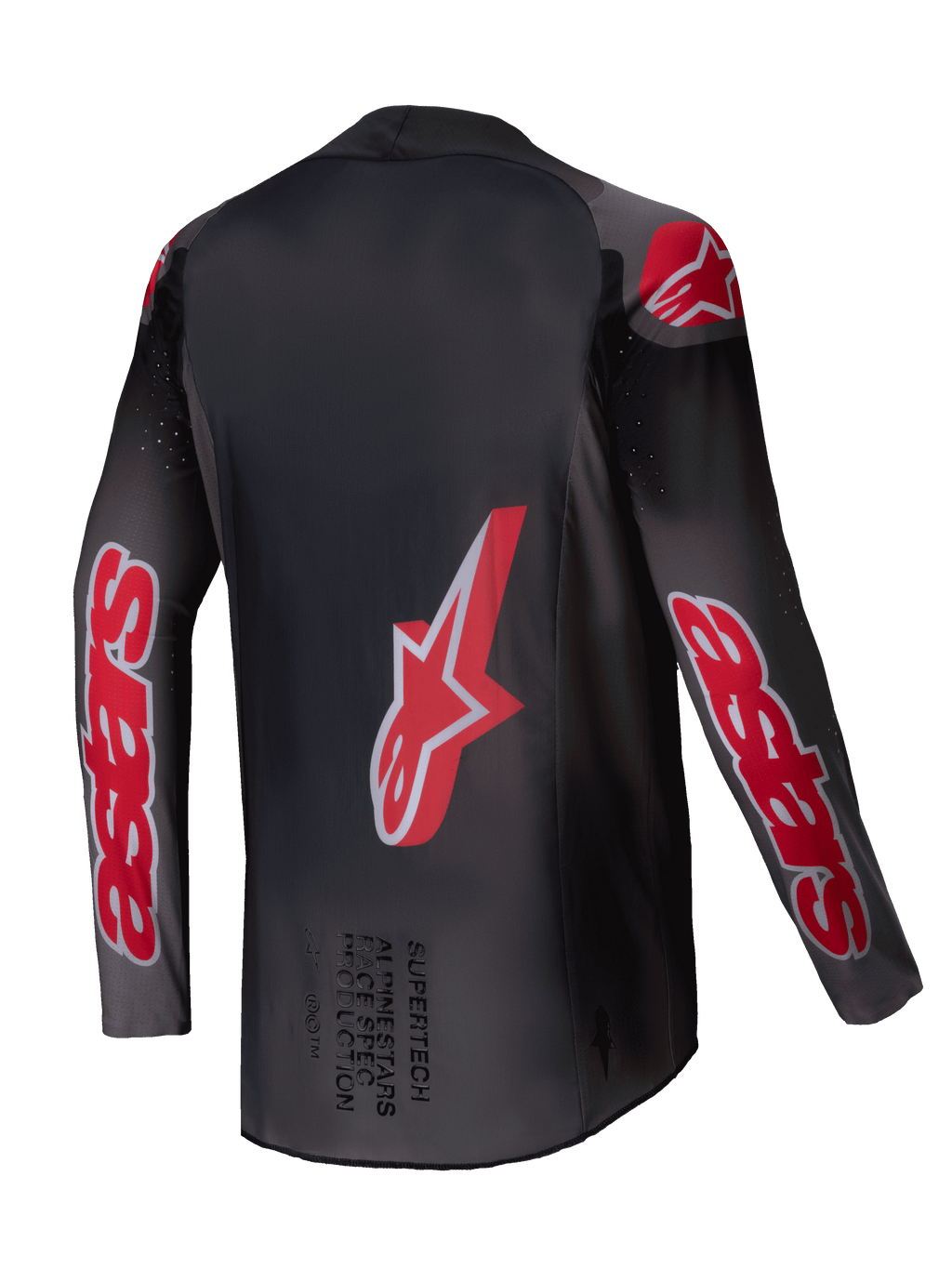 Alpinestars Maglia Supertech Lipan 2025, maglia da motocross off-road, nero e rosso brillante, rete elasticizzata ultraleggera con ventilazione traforata, vista posteriore