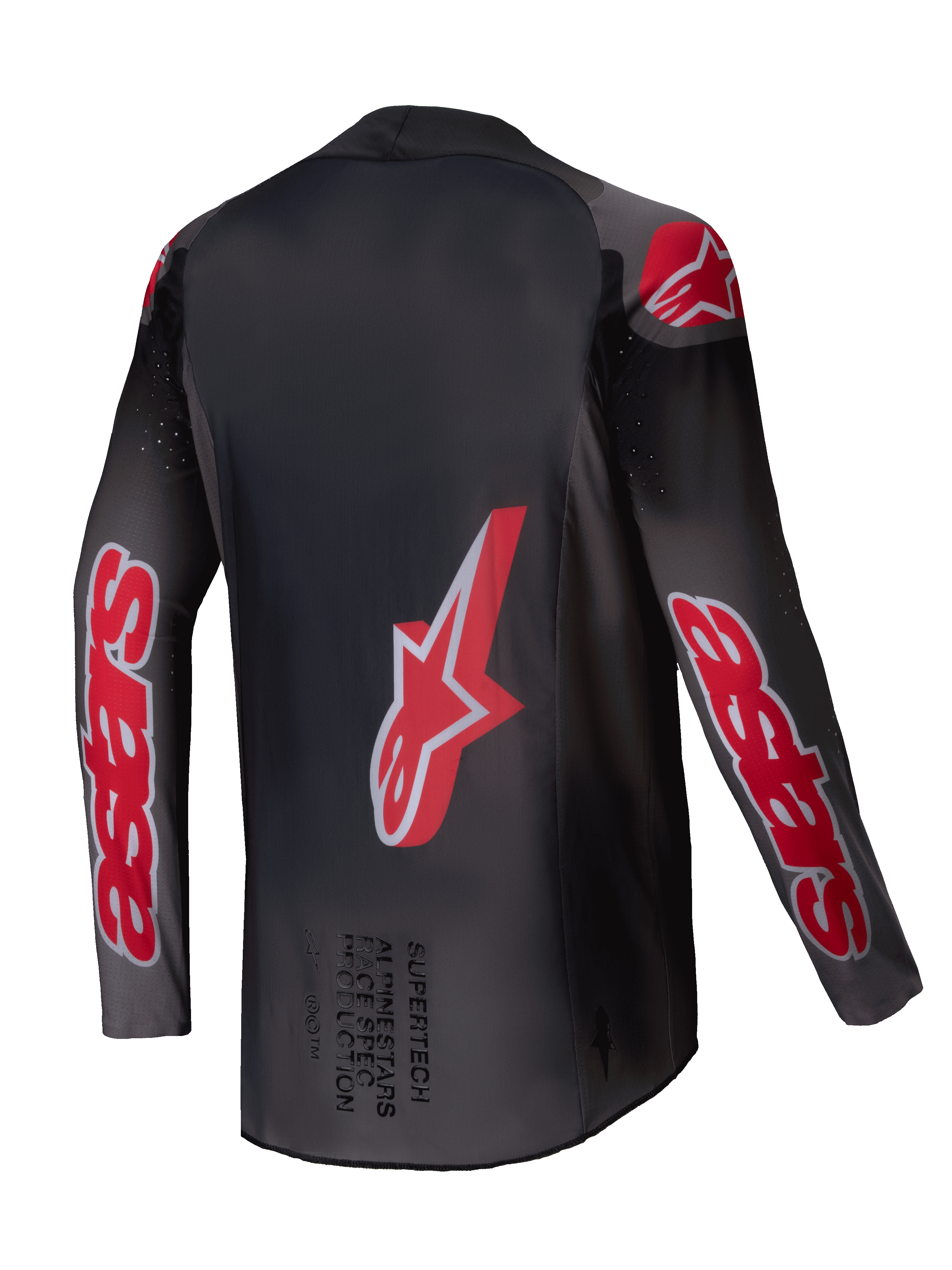 Alpinestars Maglia Supertech Lipan 2025, maglia da motocross off-road, nero e rosso brillante, rete elasticizzata ultraleggera con ventilazione traforata, vista posteriore