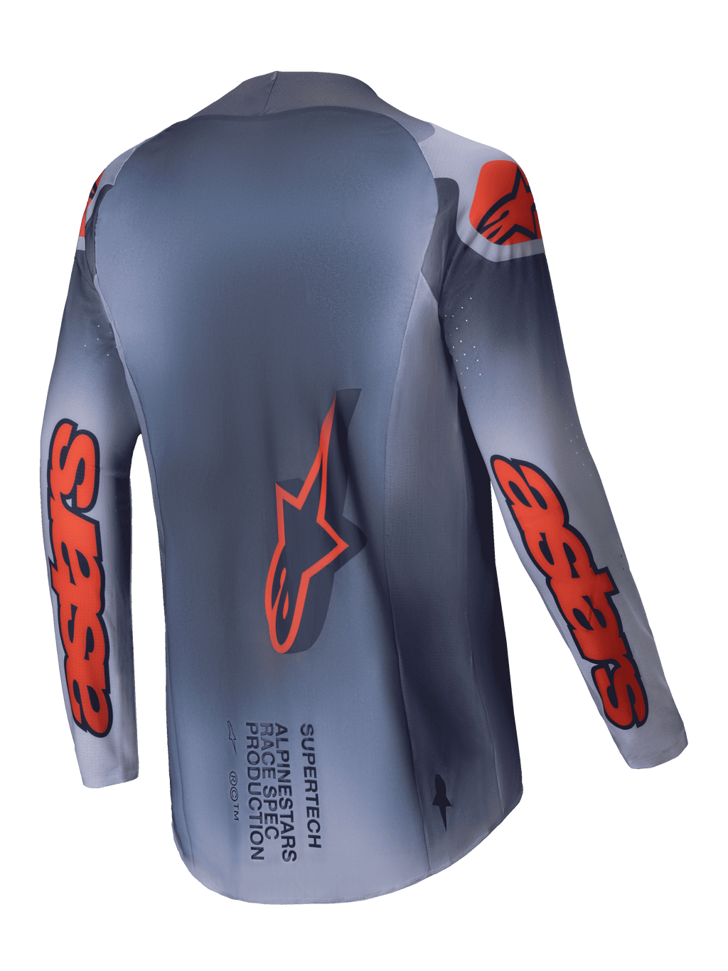 Maglia Supertech Lipan 2025, maglia da motocross da uomo, grigio e arancione fluo, vista posteriore con orlo posteriore esteso e dettagli del marchio