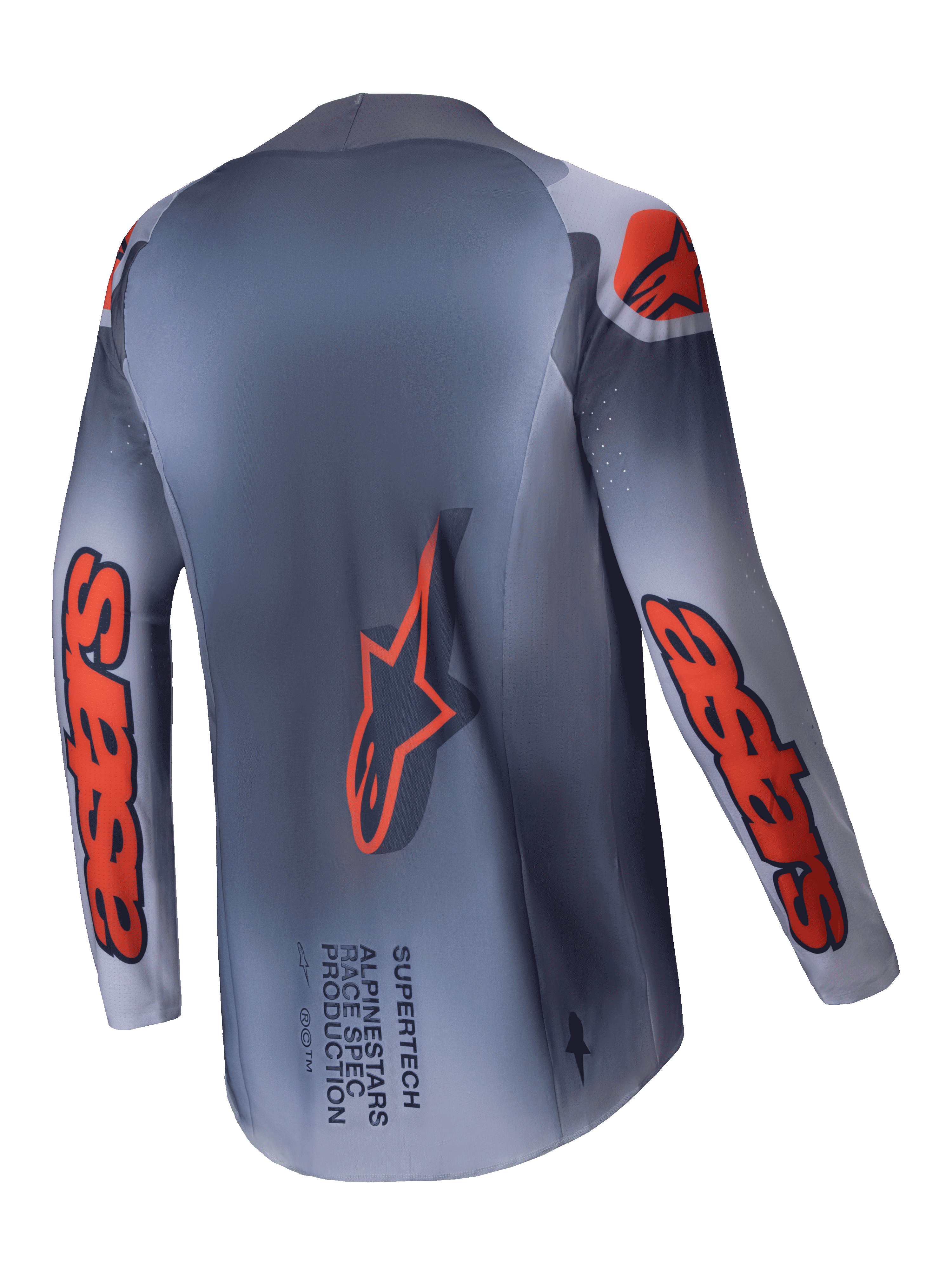 Maglia Supertech Lipan 2025, maglia da motocross da uomo, grigio e arancione fluo, vista posteriore con orlo posteriore esteso e dettagli del marchio