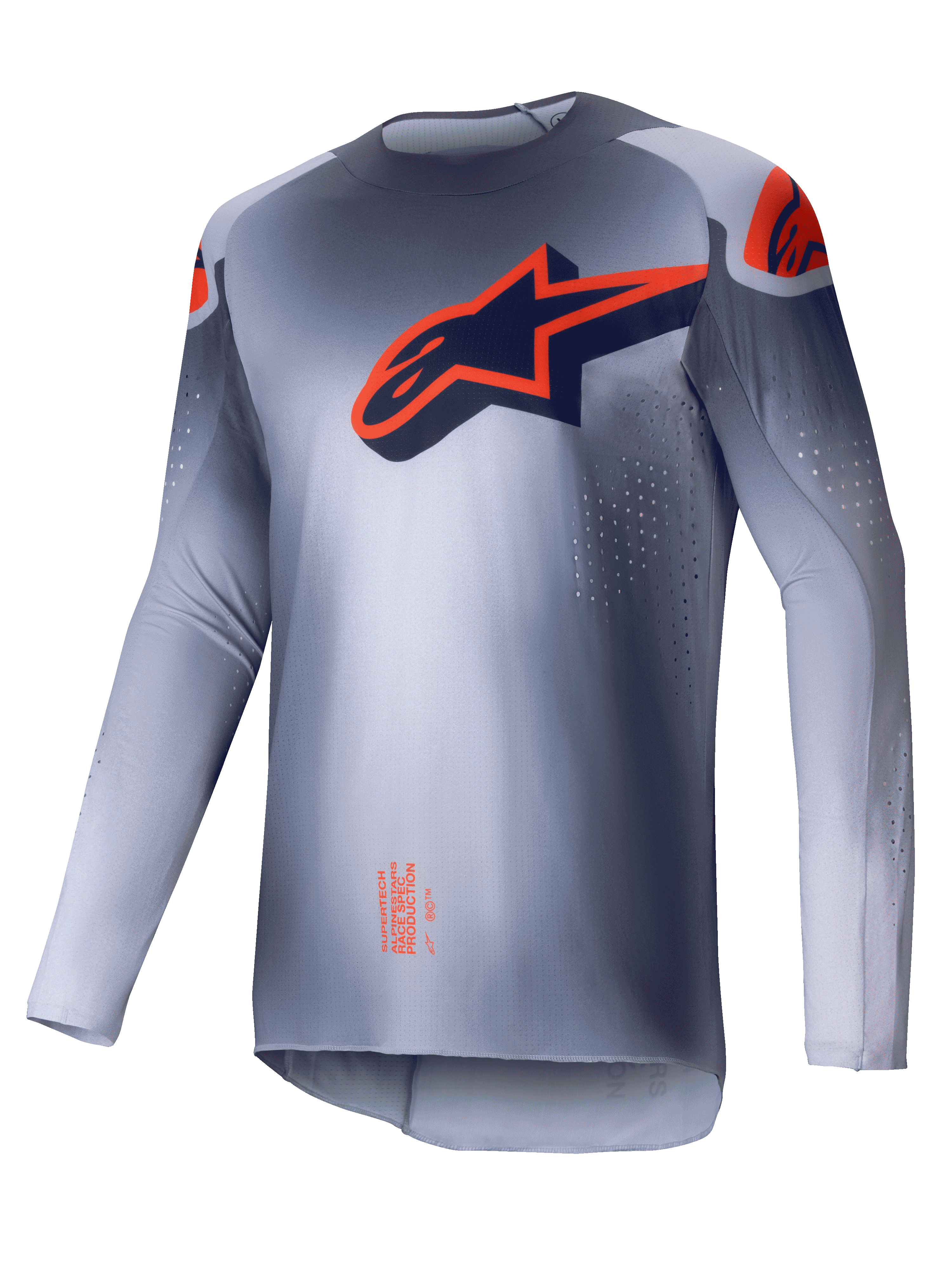 Alpinestars Maglia Supertech Lipan 2025, maglia motocross da uomo, grigio e arancione fluo, leggera con ventilazione laser