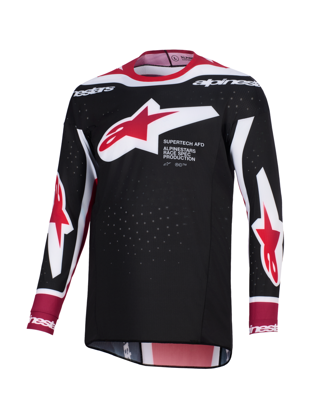 Alpinestars 2026 Supertech AFD Vista Jersey, maglia da motocross, nero, rosso e bianco, con un grande logo a stella Alpinestars rosso e bianco sul petto e scritta 'Supertech AFD', tessuto in mesh traforato per la ventilazione e vestibilità atletica da gara