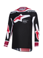 Alpinestars 2026 Supertech AFD Vista Jersey, maglia da motocross, nero, rosso e bianco, con un grande logo a stella Alpinestars rosso e bianco sul petto e scritta 'Supertech AFD', tessuto in mesh traforato per la ventilazione e vestibilità atletica da gara