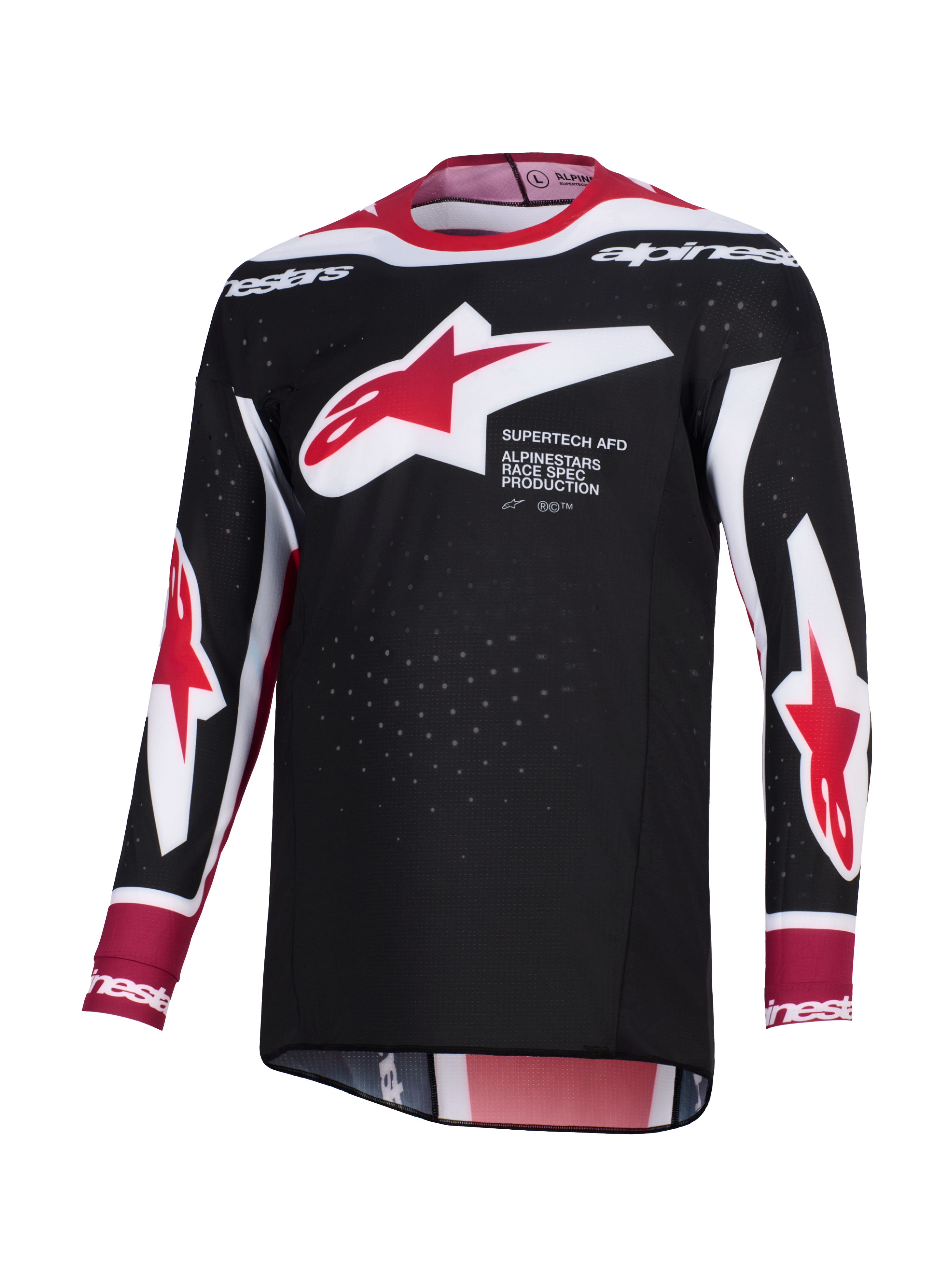 Alpinestars 2026 Supertech AFD Vista Jersey, maglia da motocross, nero, rosso e bianco, con un grande logo a stella Alpinestars rosso e bianco sul petto e scritta 'Supertech AFD', tessuto in mesh traforato per la ventilazione e vestibilità atletica da gara
