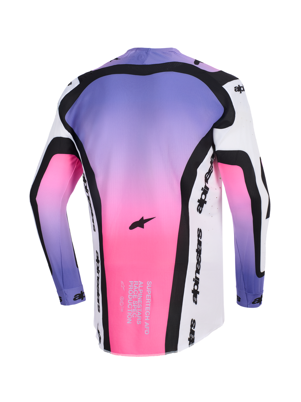 Alpinestars 2026 Supertech AFD Vista Jersey, maglia da motocross, bianco, viola e nero con sfumatura rosa, vista posteriore con testo Supertech AFD race-spec e branding Alpinestars, abbigliamento fuoristrada professionale con vestibilità atletica