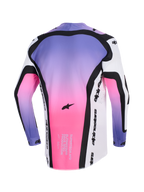 Alpinestars 2026 Supertech AFD Vista Jersey, maglia da motocross, bianco, viola e nero con sfumatura rosa, vista posteriore con testo Supertech AFD race-spec e branding Alpinestars, abbigliamento fuoristrada professionale con vestibilità atletica
