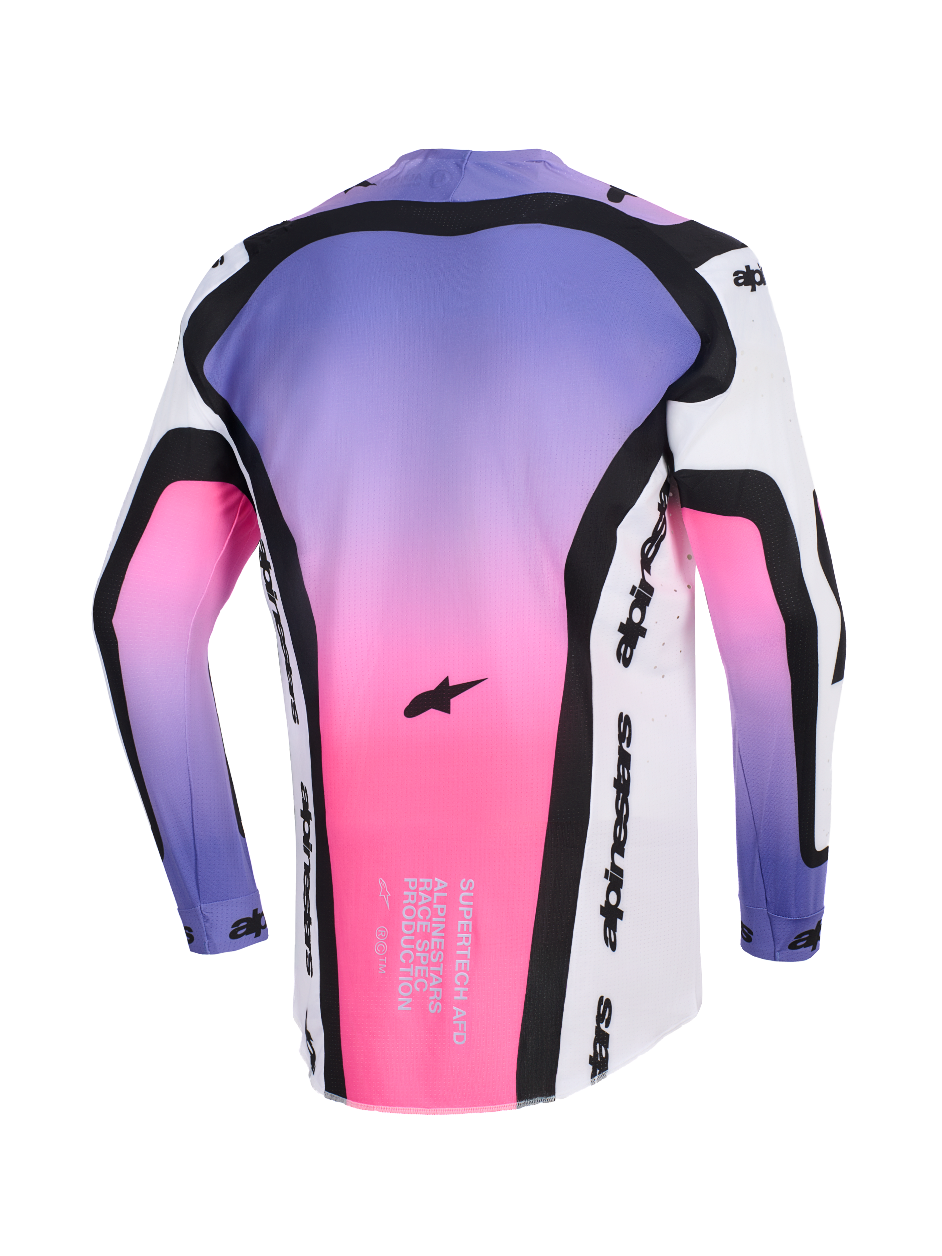 Alpinestars 2026 Supertech AFD Vista Jersey, maglia da motocross, bianco, viola e nero con sfumatura rosa, vista posteriore con testo Supertech AFD race-spec e branding Alpinestars, abbigliamento fuoristrada professionale con vestibilità atletica