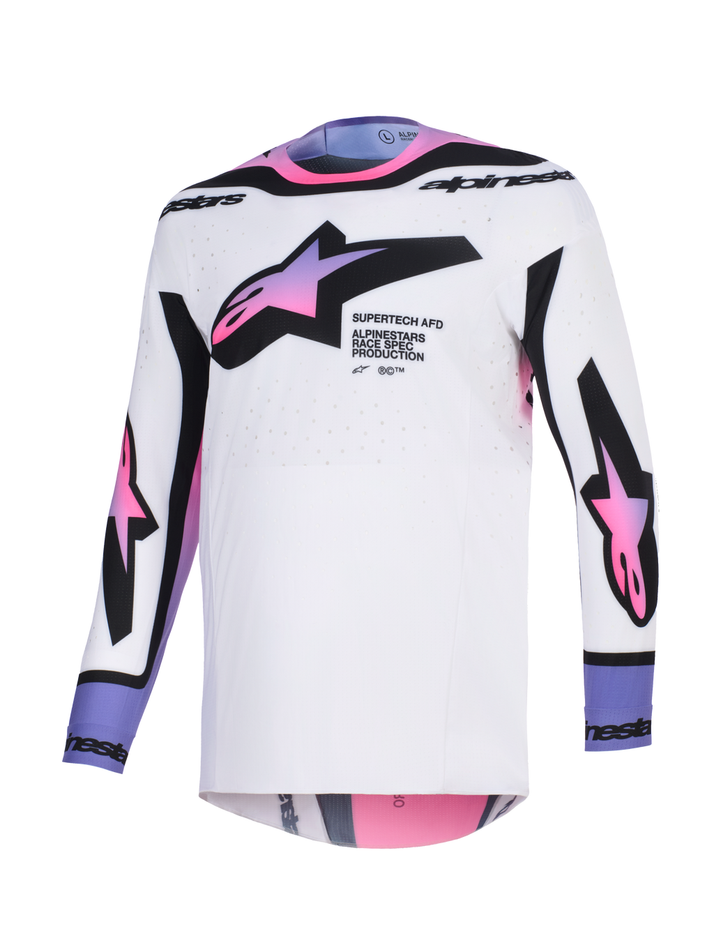 Alpinestars Supertech AFD Vista Jersey 2026, maglia da motocross, bianco, viola e nero, base bianca con loghi a stella sfumati in rosa e viola su petto e maniche, branding nero su colletto e polsini, con vestibilità atletica e tessuto mesh traforato per la ventilazione.