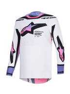 Alpinestars Supertech AFD Vista Jersey 2026, maglia da motocross, bianco, viola e nero, base bianca con loghi a stella sfumati in rosa e viola su petto e maniche, branding nero su colletto e polsini, con vestibilità atletica e tessuto mesh traforato per la ventilazione.