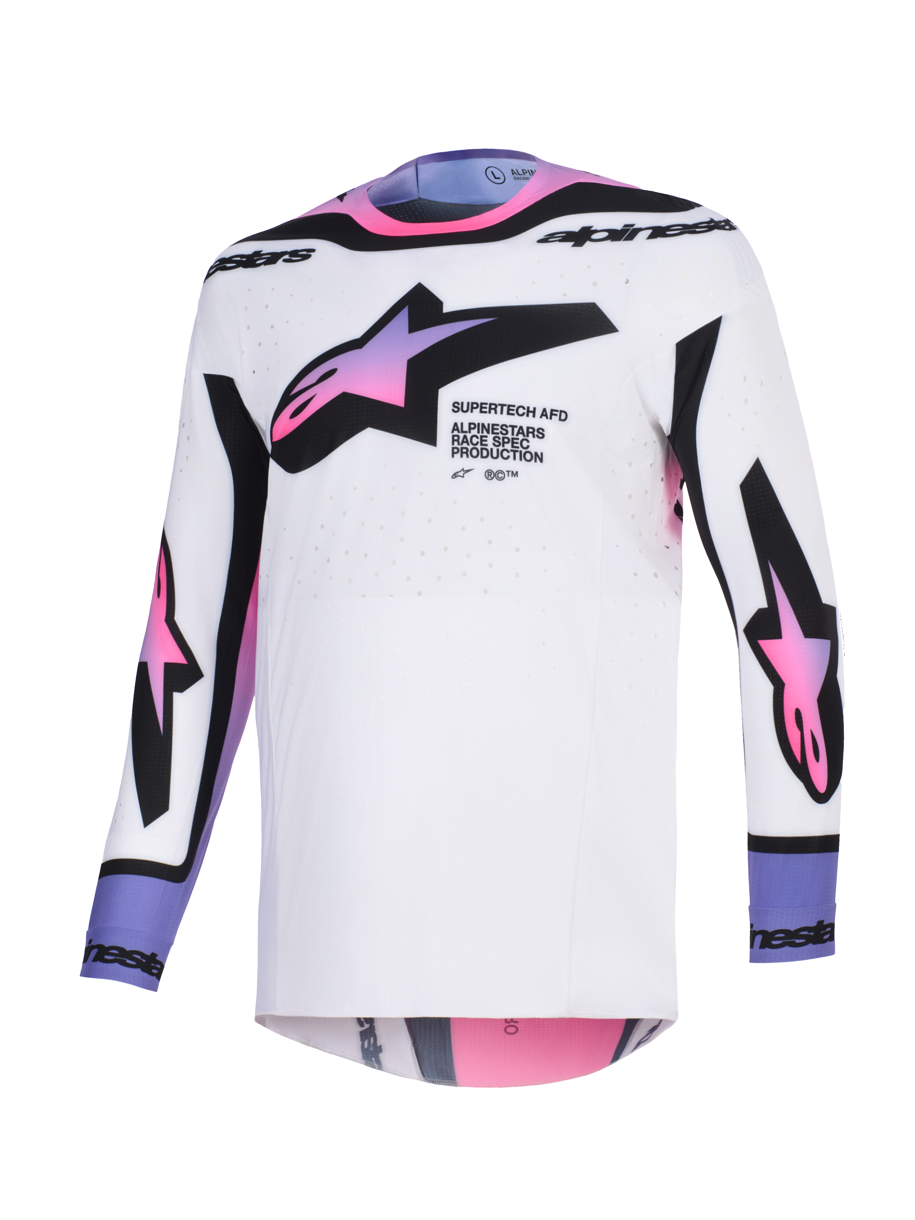 Alpinestars Supertech AFD Vista Jersey 2026, maglia da motocross, bianco, viola e nero, base bianca con loghi a stella sfumati in rosa e viola su petto e maniche, branding nero su colletto e polsini, con vestibilità atletica e tessuto mesh traforato per la ventilazione.