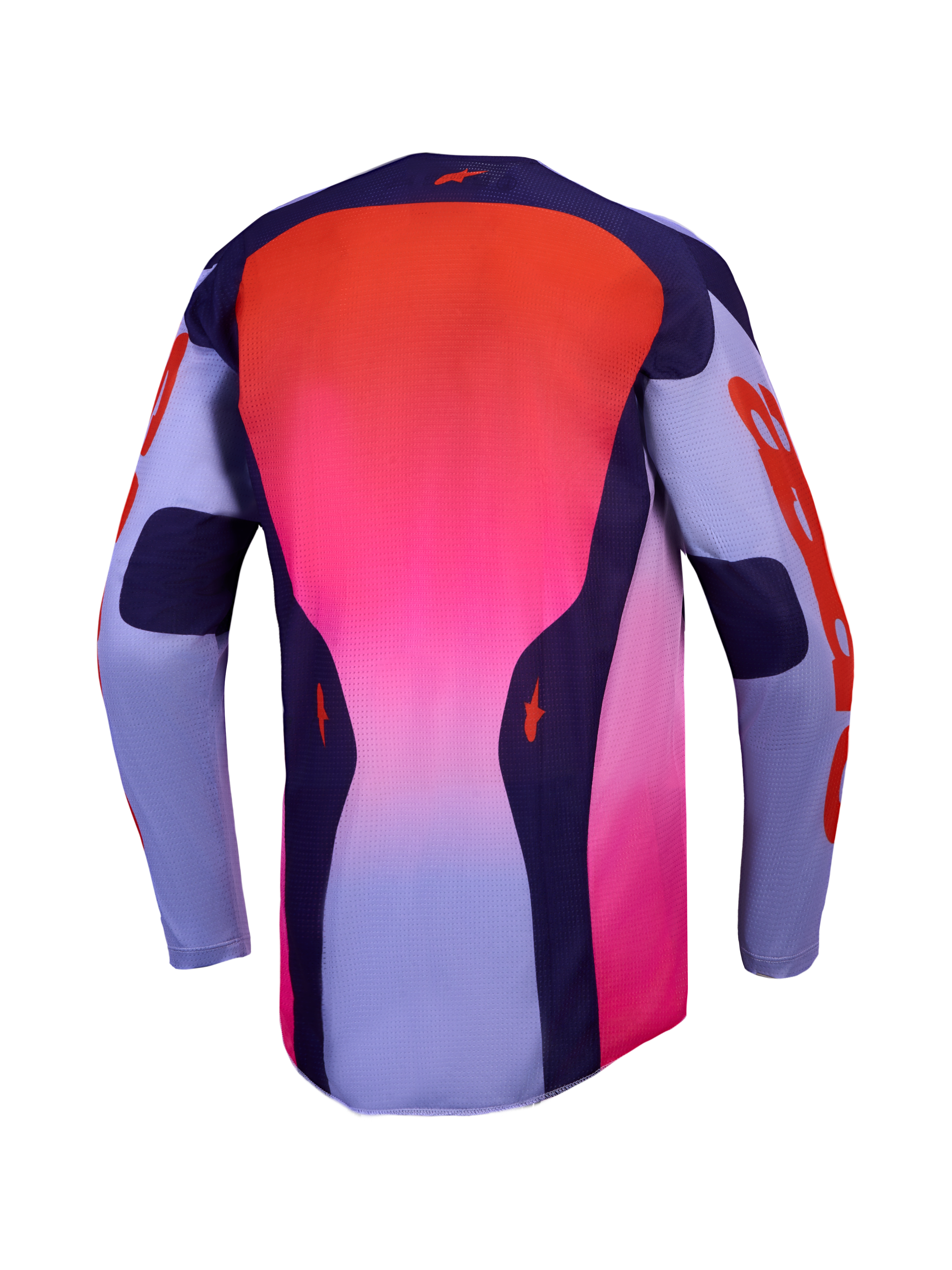 Alpinestars Maglia Racer Air Hunt, maglia da motocross racing da uomo, vista posteriore, viola e rosa fluo, in mesh traspirante per ventilazione ottimale.