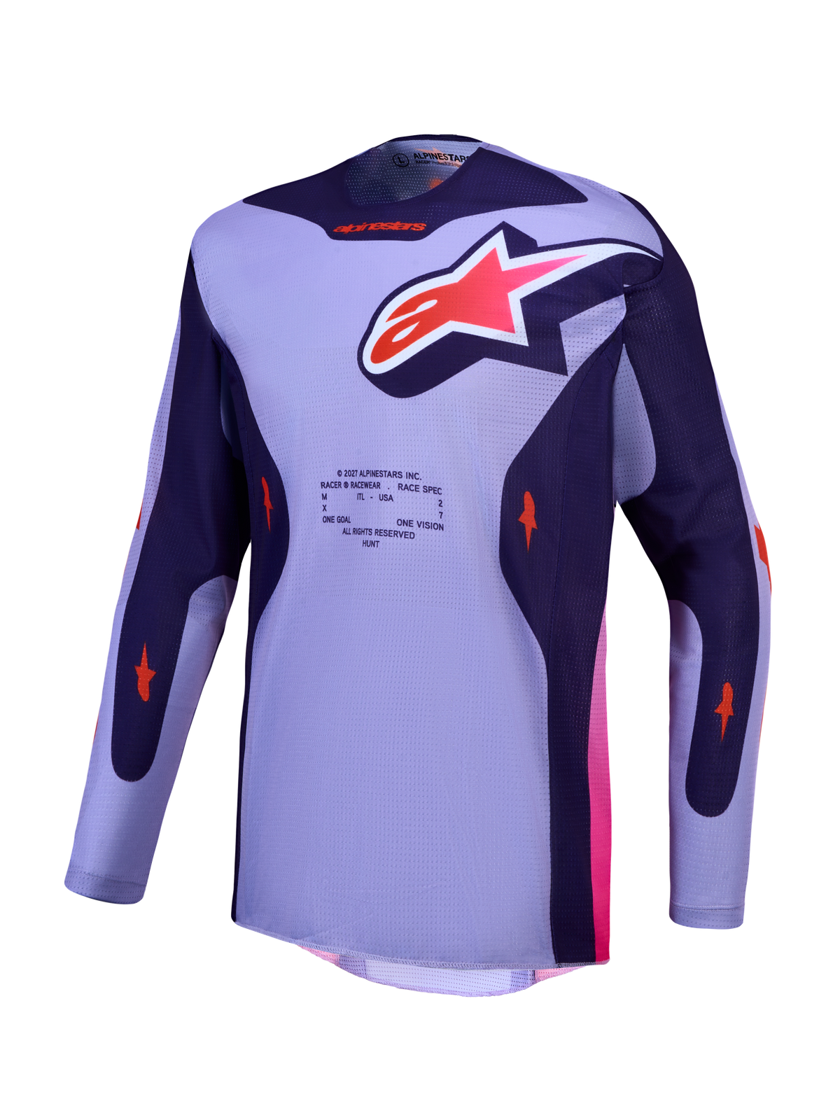 Alpinestars 2027 Racer Air Hunt Jersey, purple and violet mesh motocross jersey with pink fluo details.