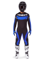 Alpinestars completo Techstar Dreem 2025, abbigliamento motocross uomo in tessuto nero e blu con stivali bianchi