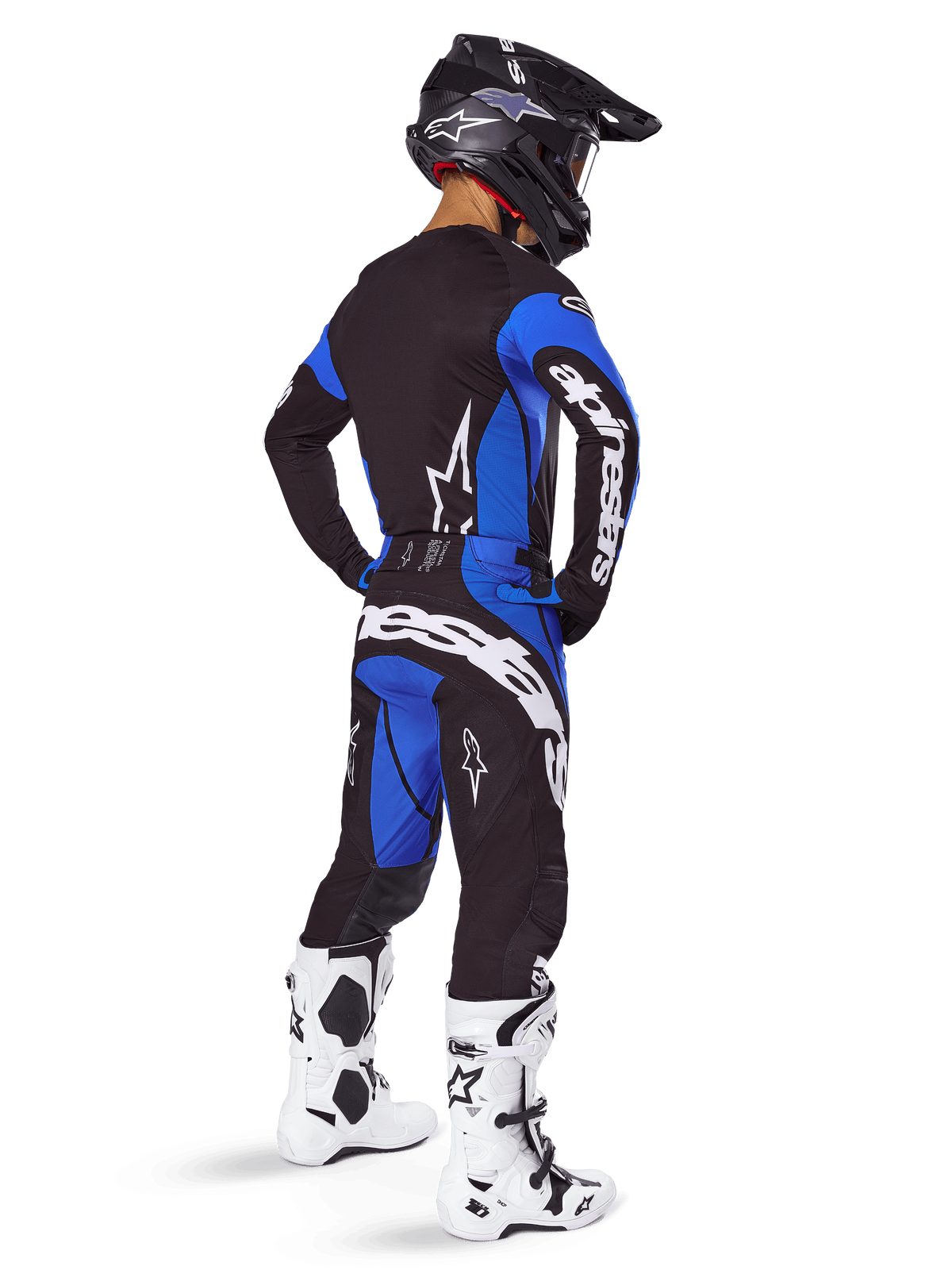 Alpinestars completo e maglia Techstar Dreem 2025, abbigliamento da motocross per uomo, nero e blu, vista posteriore