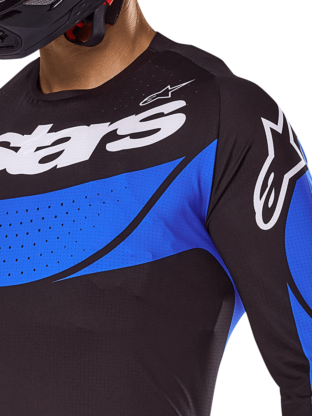 Maglia e completo Alpinestars Techstar Dreem 2025, maglia da motocross ventilata nera e blu con perforazioni tagliate a laser.