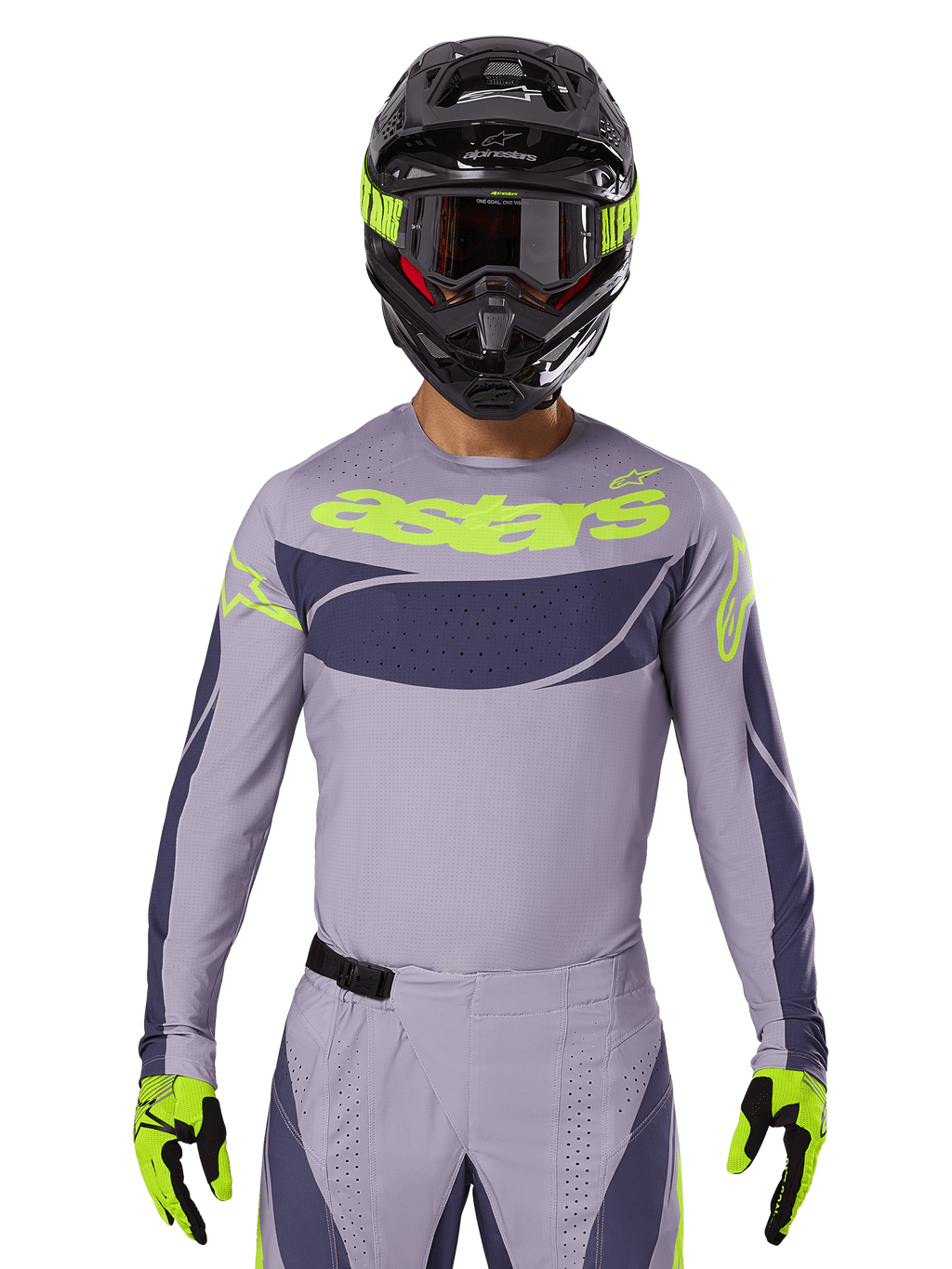 Maglia e set gear Techstar Dreem 2025, completo da gara motocross, grigio chiaro e grigio scuro con dettagli giallo neon, marchio 'astars', indossato con casco nero, occhiali e guanti coordinati, materiale tecnico traforato per prestazioni off-road