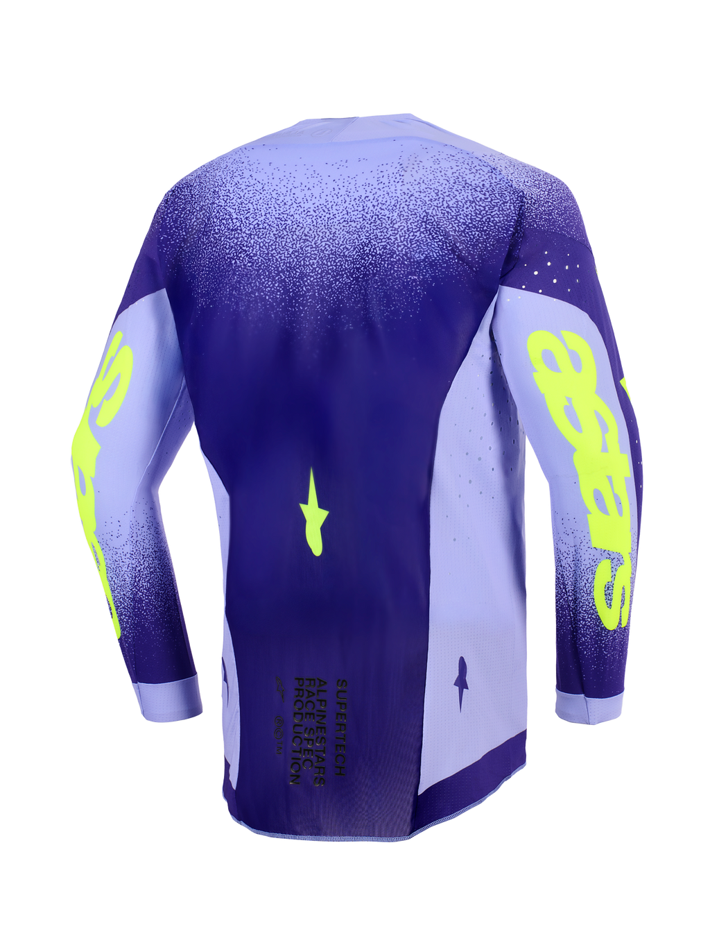 Alpinestars 2026 Supertech Scenz Jersey, maglia da motocross, viola e giallo fluo, vista posteriore che mostra il profilo posteriore allungato, pannelli laterali in mesh elasticizzato leggero con perforazioni tagliate al laser e vistoso marchio giallo neon sulle maniche.