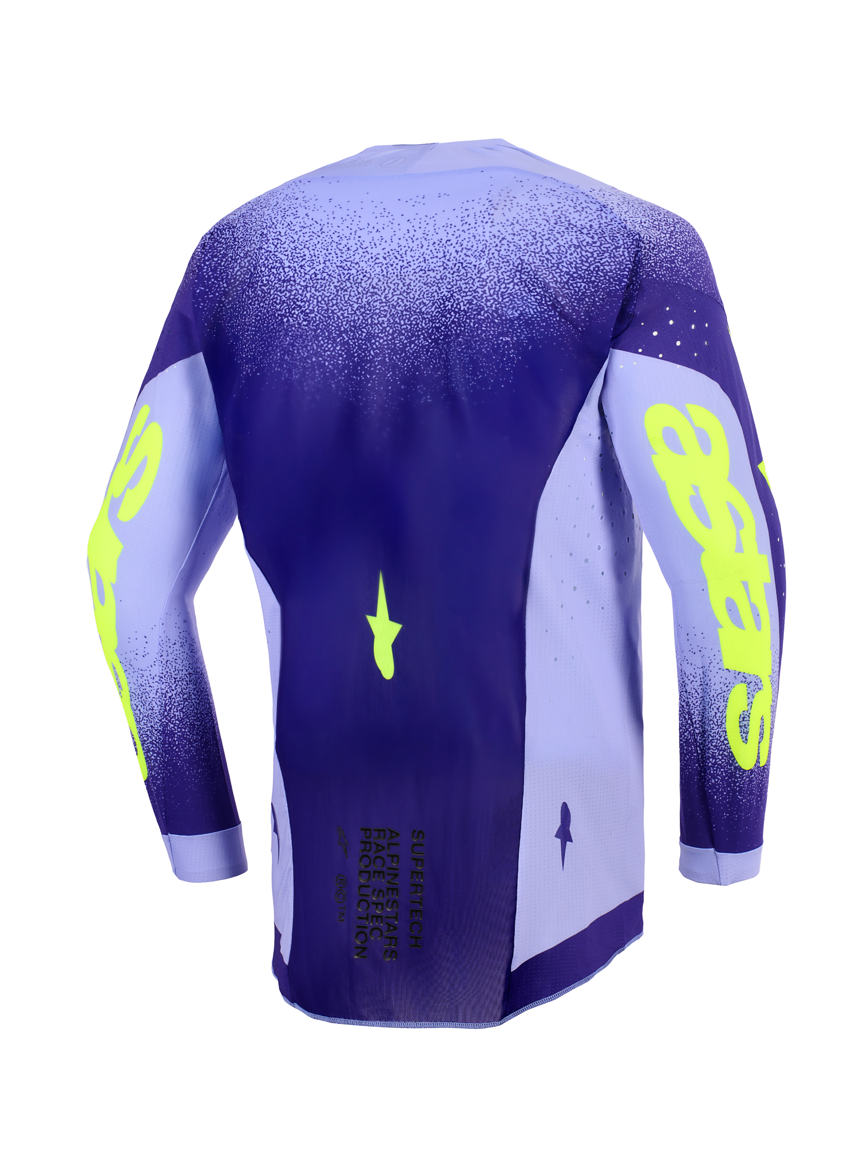 Alpinestars 2026 Supertech Scenz Jersey, maglia da motocross, viola e giallo fluo, vista posteriore che mostra il profilo posteriore allungato, pannelli laterali in mesh elasticizzato leggero con perforazioni tagliate al laser e vistoso marchio giallo neon sulle maniche.