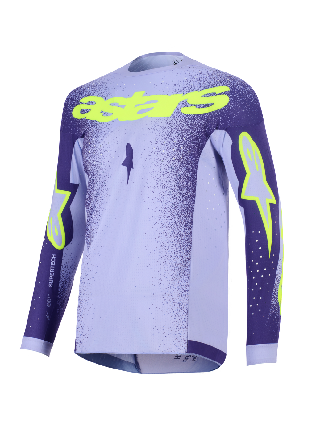Alpinestars 2026 Supertech Scenz Jersey, maglia da motocross, viola e giallo fluo, con pannelli lavanda e viola scuro, scritta 'astars' giallo neon e loghi a stella, design in mesh leggero per corse off-road
