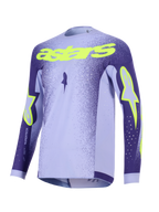 Alpinestars 2026 Supertech Scenz Jersey, maglia da motocross, viola e giallo fluo, con pannelli lavanda e viola scuro, scritta 'astars' giallo neon e loghi a stella, design in mesh leggero per corse off-road