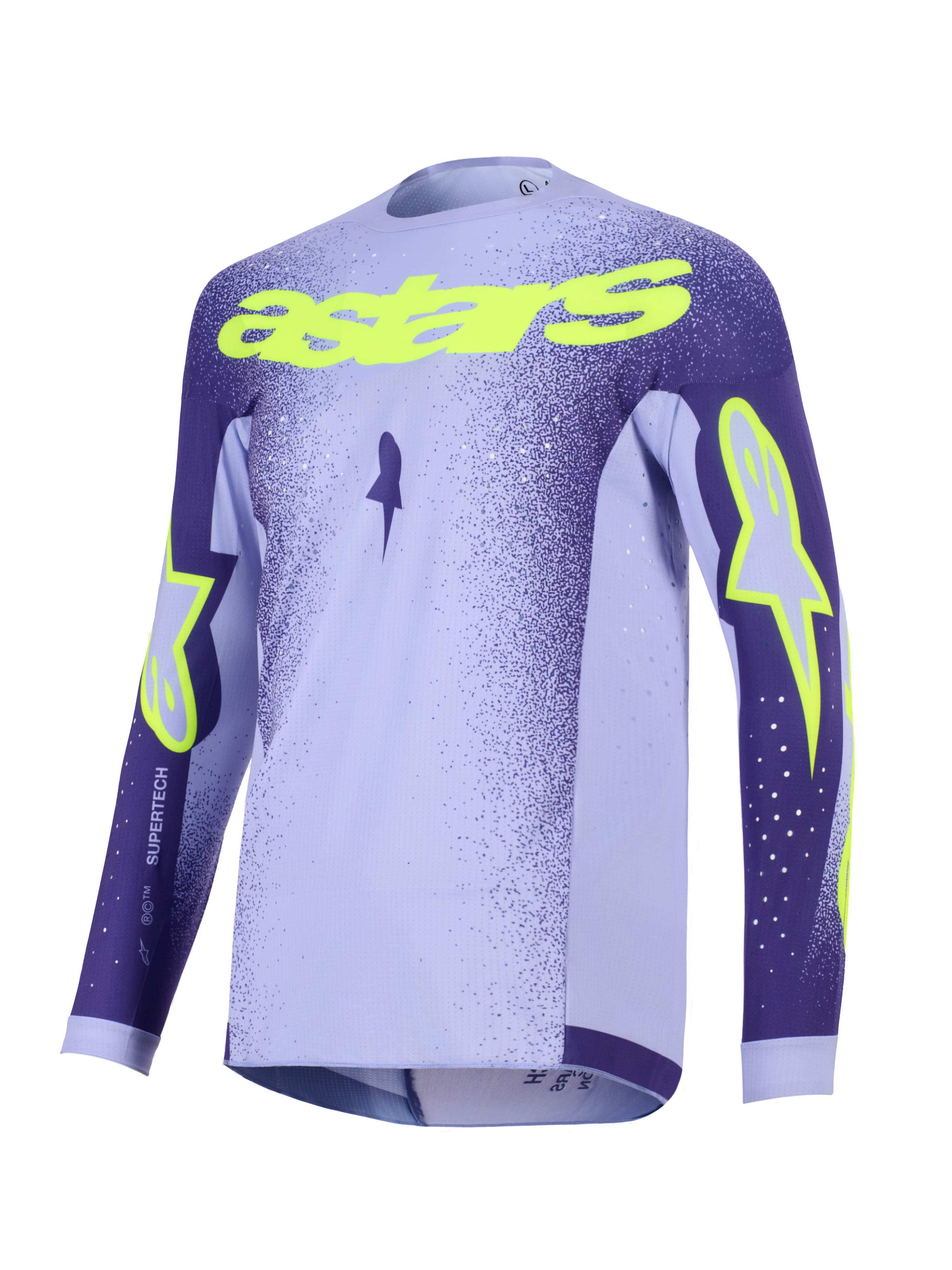 Alpinestars 2026 Supertech Scenz Jersey, maglia da motocross, viola e giallo fluo, con pannelli lavanda e viola scuro, scritta 'astars' giallo neon e loghi a stella, design in mesh leggero per corse off-road